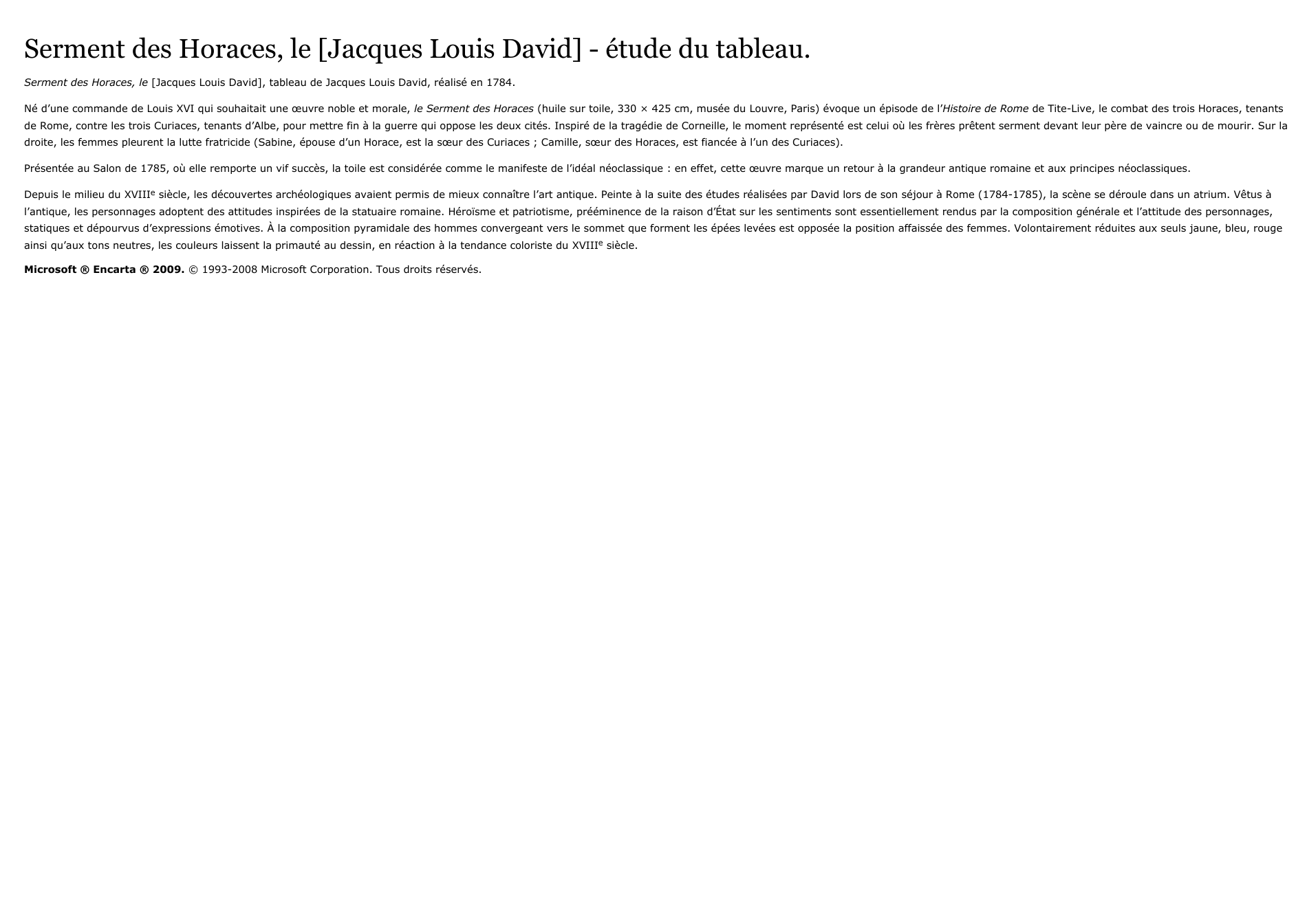 Prévisualisation du document Serment des Horaces, le [Jacques Louis David] - étude du tableau.
