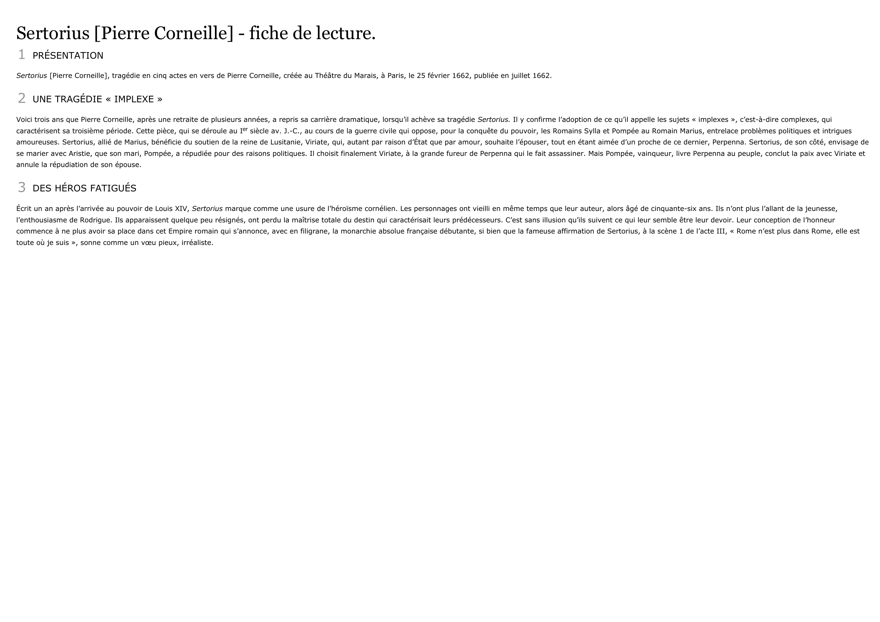Prévisualisation du document SERTORIUS de Pierre Corneille : Fiche de lecture