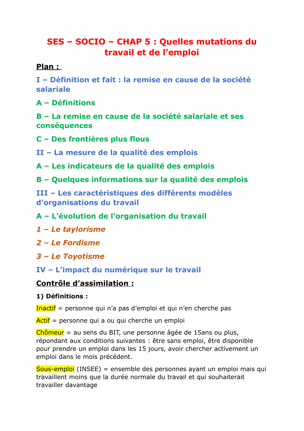 Prévisualisation du document SES – SOCIO – CHAP 5 : Quelles mutations du travail et de l’emploi