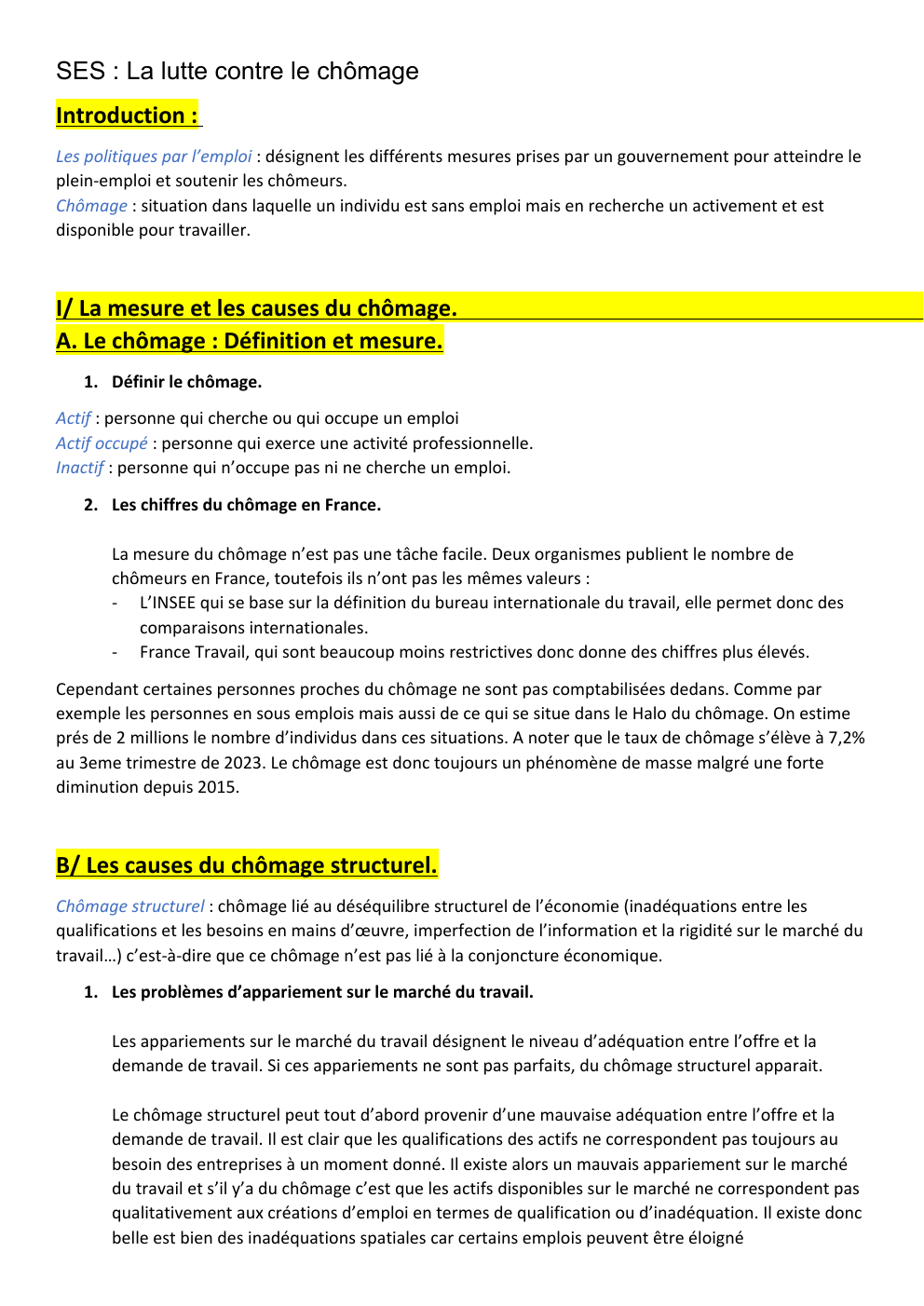 Prévisualisation du document SES terminale Le chomage