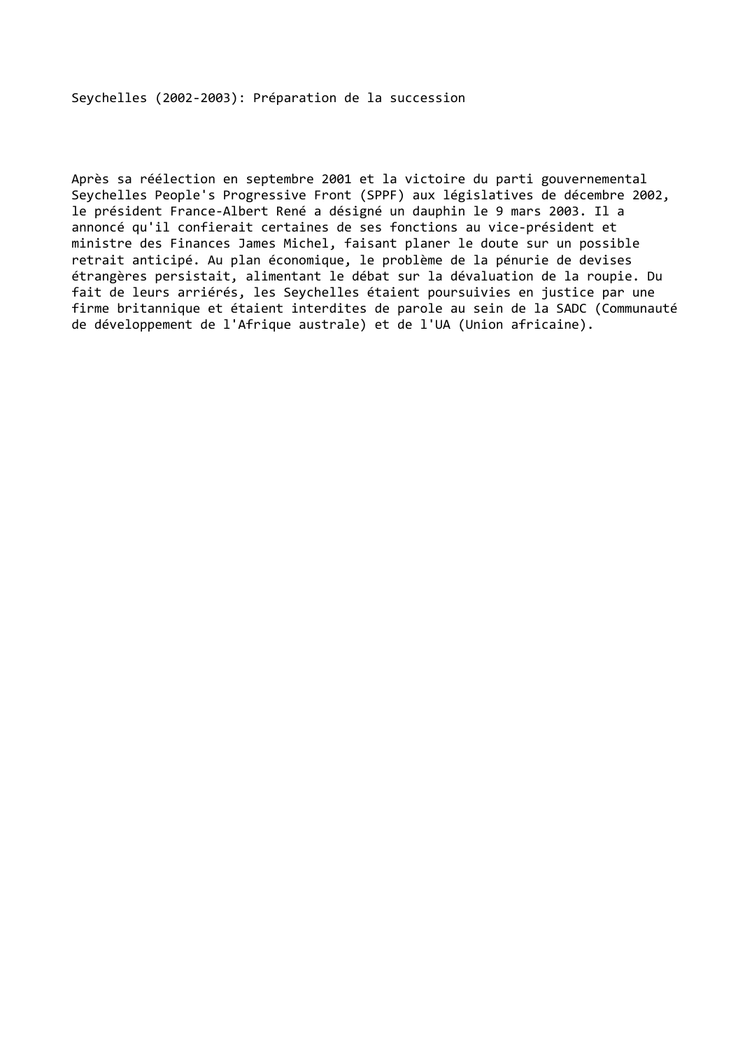 Prévisualisation du document Seychelles (2002-2003): Préparation de la succession