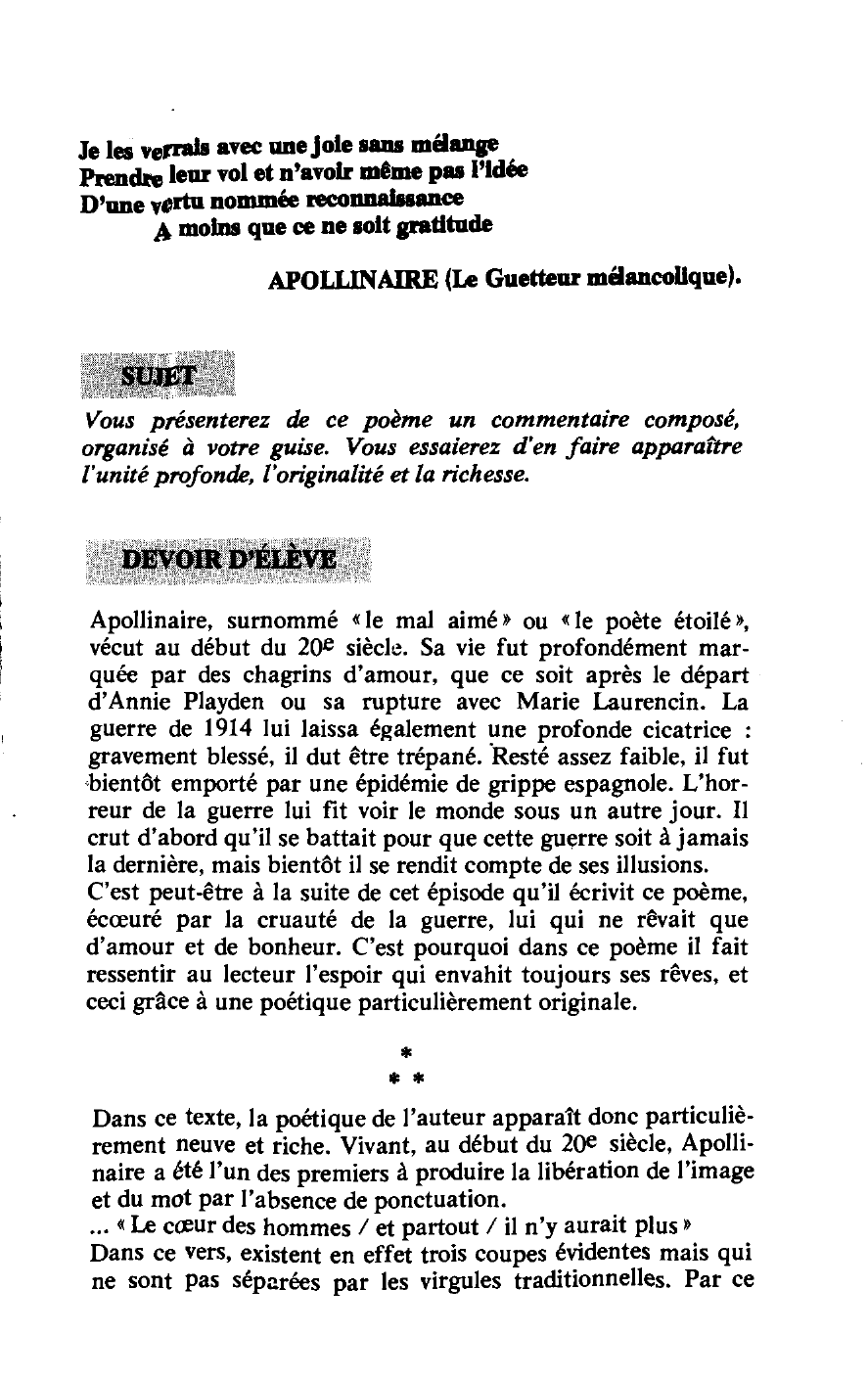Prévisualisation du document SI ON ME LAISSAIT FAIRE de APOLLINAIRE (Le Guetteur mélancolique)
