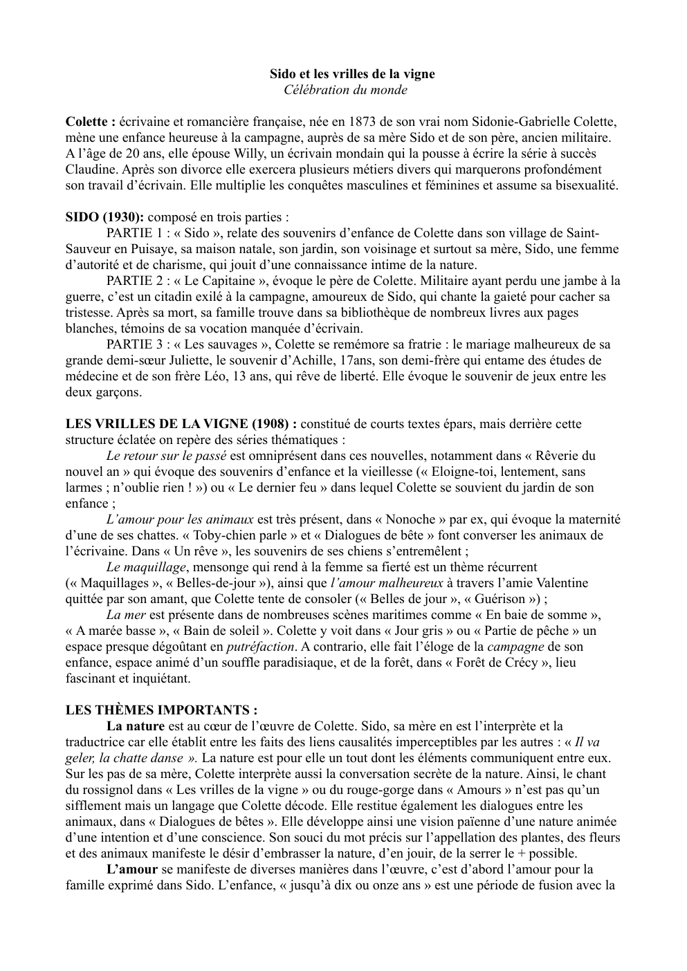 Prévisualisation du document Sido et les vrilles de la vigne Célébration du monde - Analyse de l'oeuvre de Colette