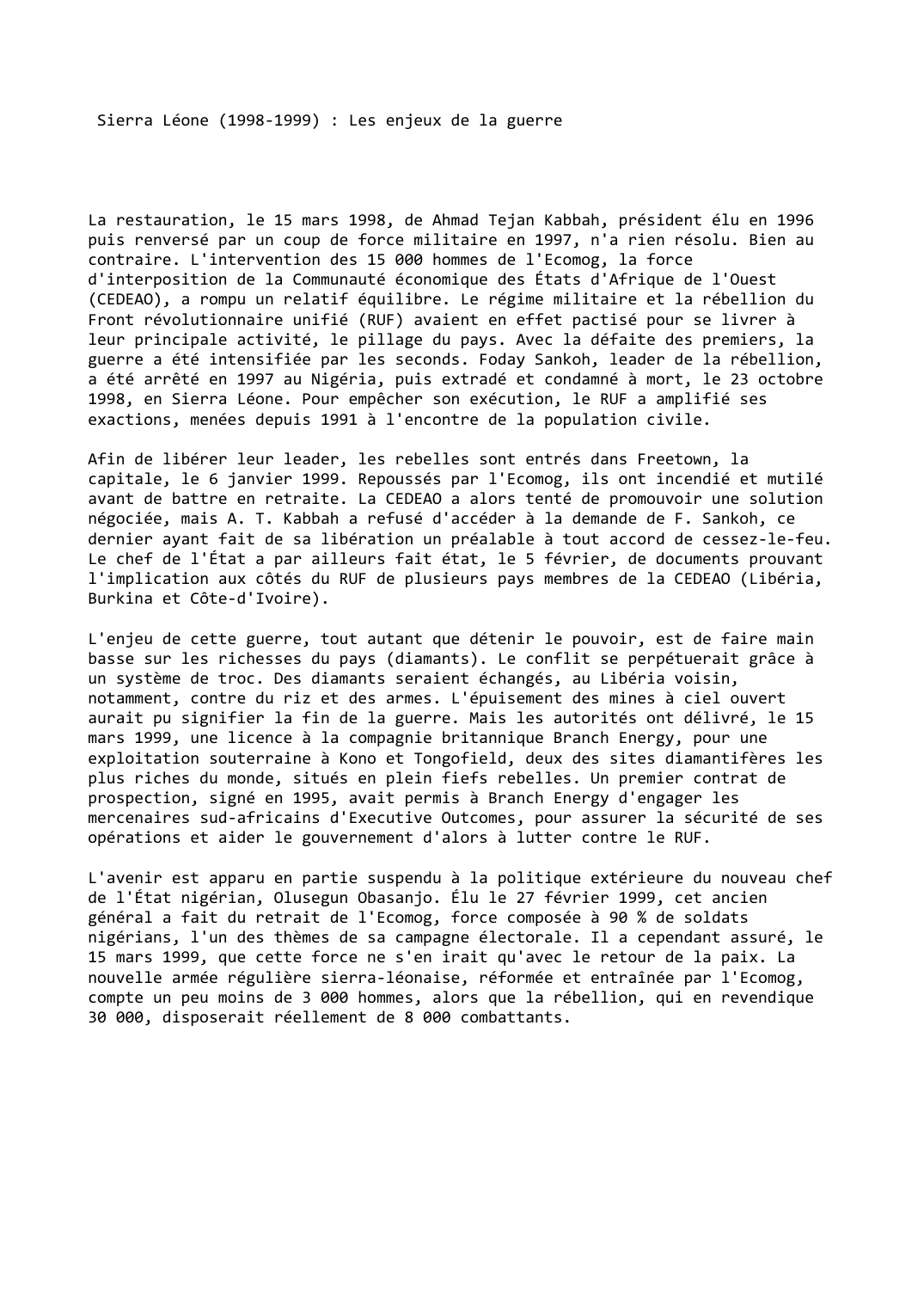 Prévisualisation du document Sierra Léone (1998-1999) : Les enjeux de la guerre
