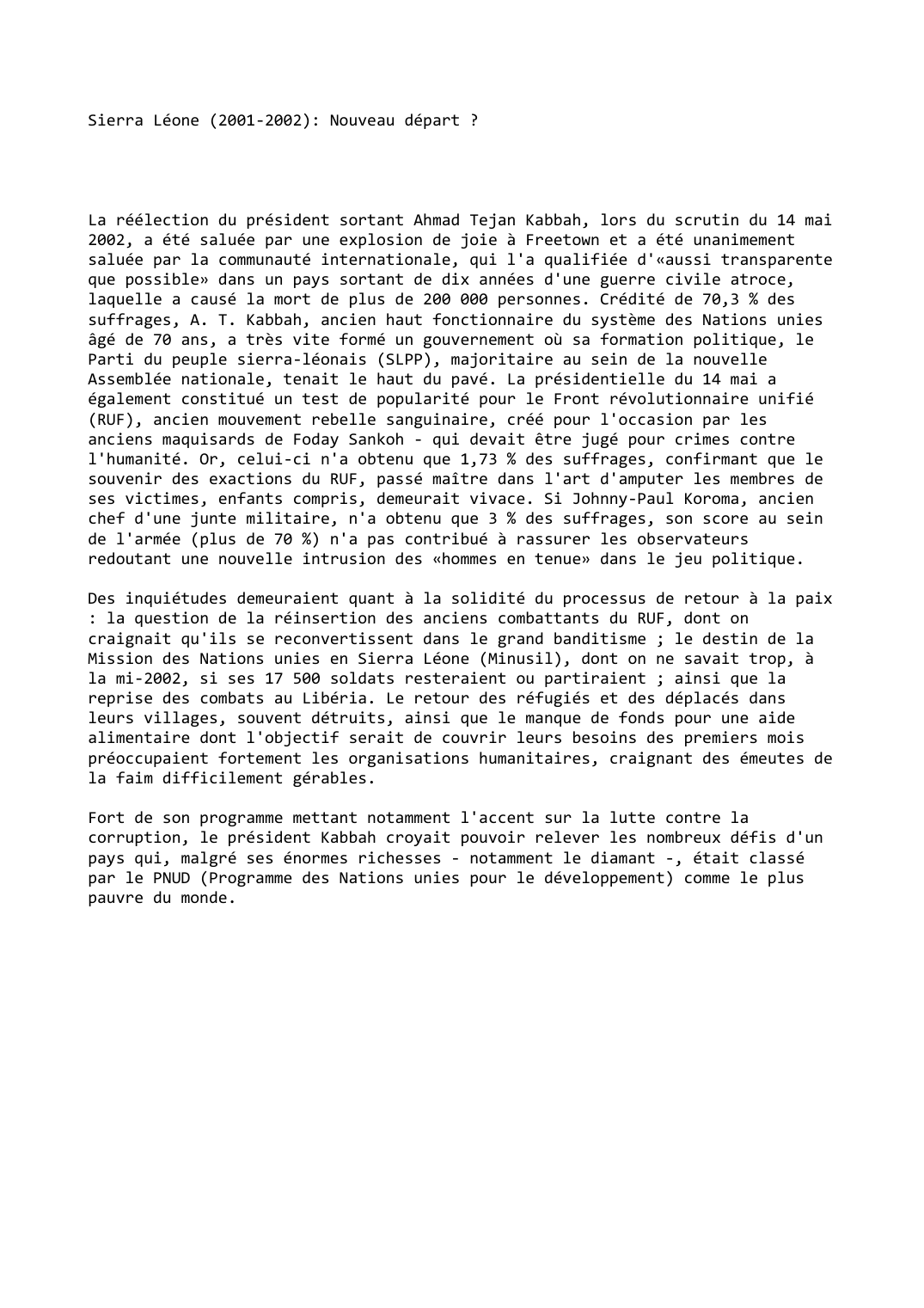 Prévisualisation du document Sierra Léone (2001-2002): Nouveau départ ?