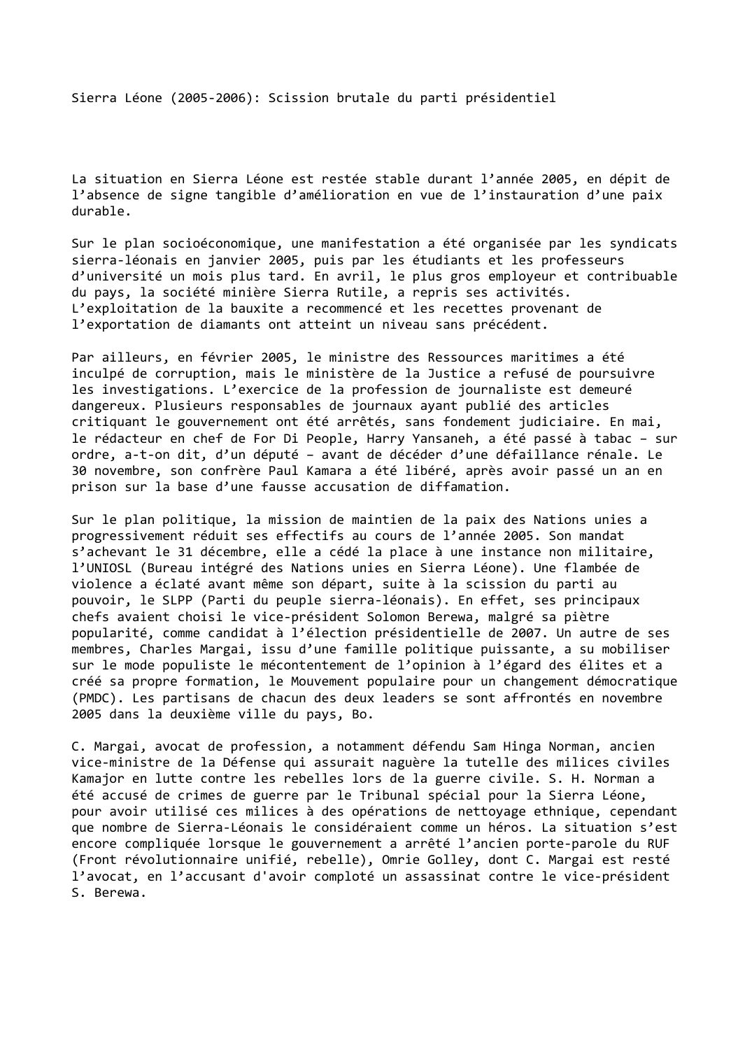 Prévisualisation du document Sierra Léone (2005-2006): Scission brutale du parti présidentiel