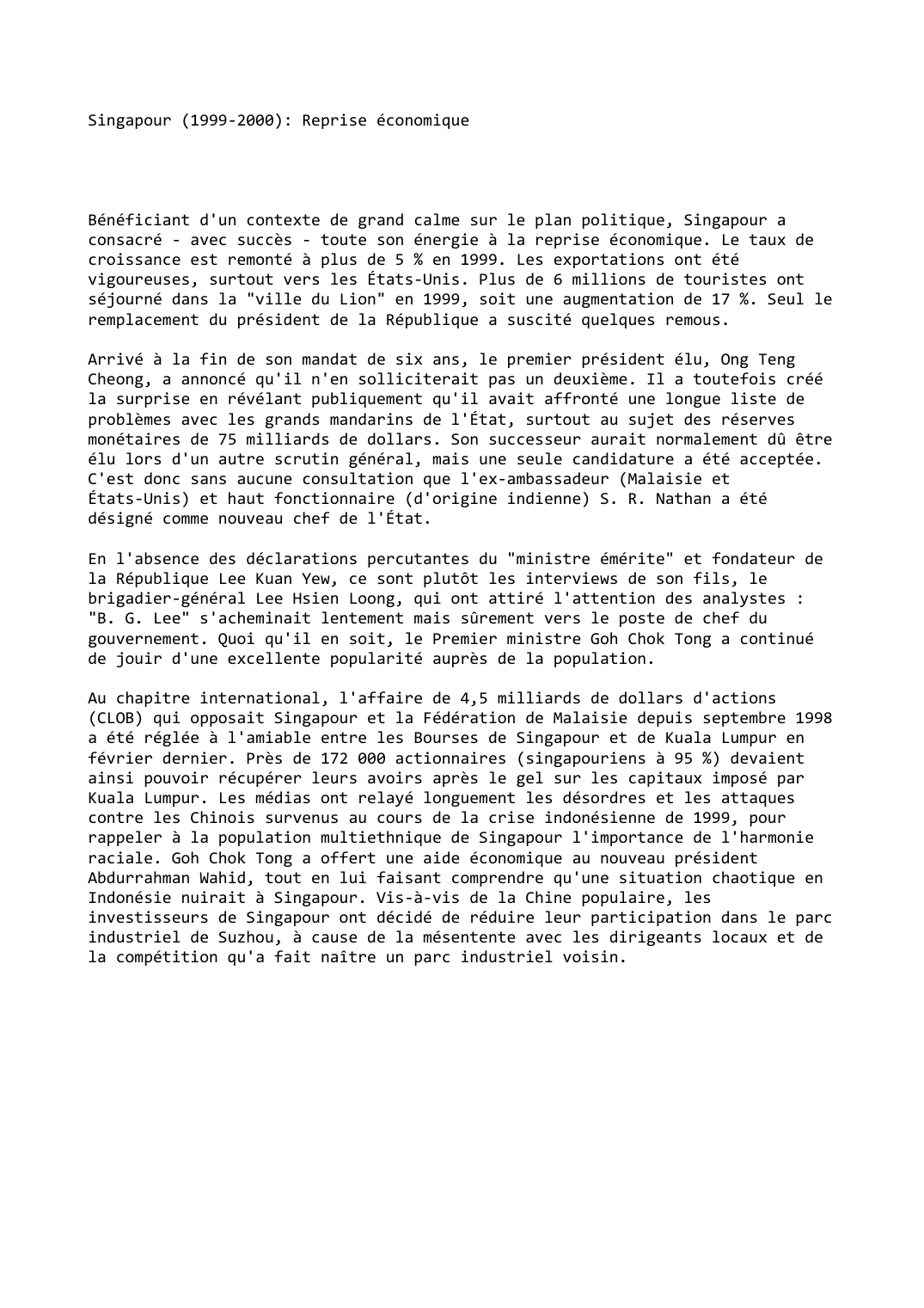 Prévisualisation du document Singapour (1999-2000): Reprise économique