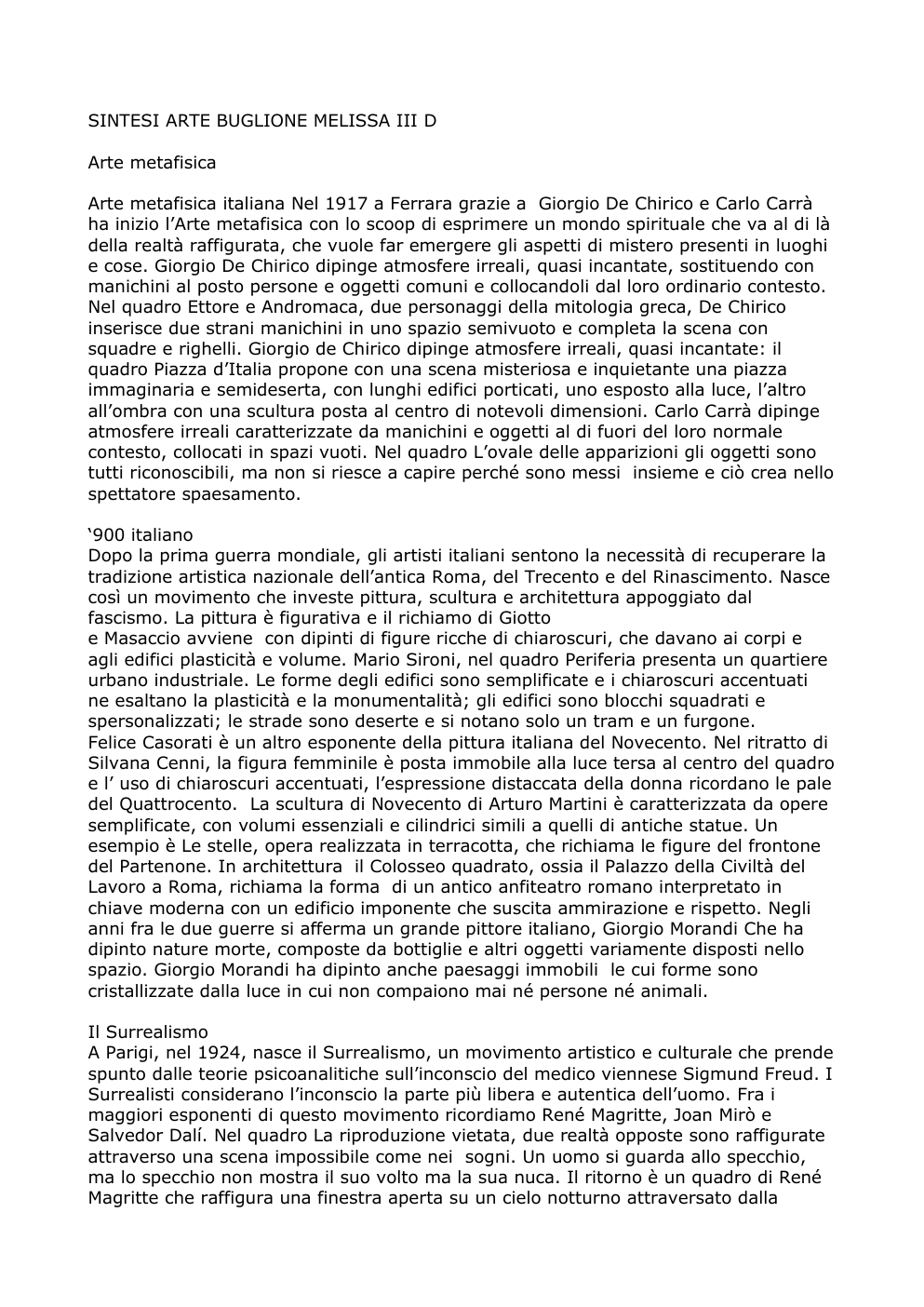 Prévisualisation du document SINTESI ARTE BUGLIONE MELISSA III D Arte metafisica