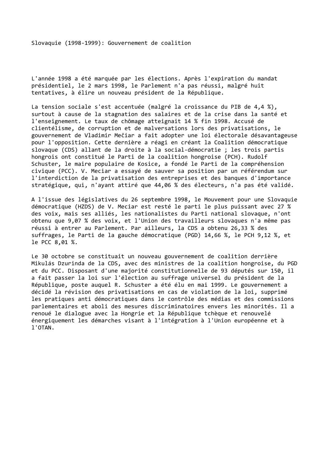Prévisualisation du document Slovaquie (1998-1999): Gouvernement de coalition