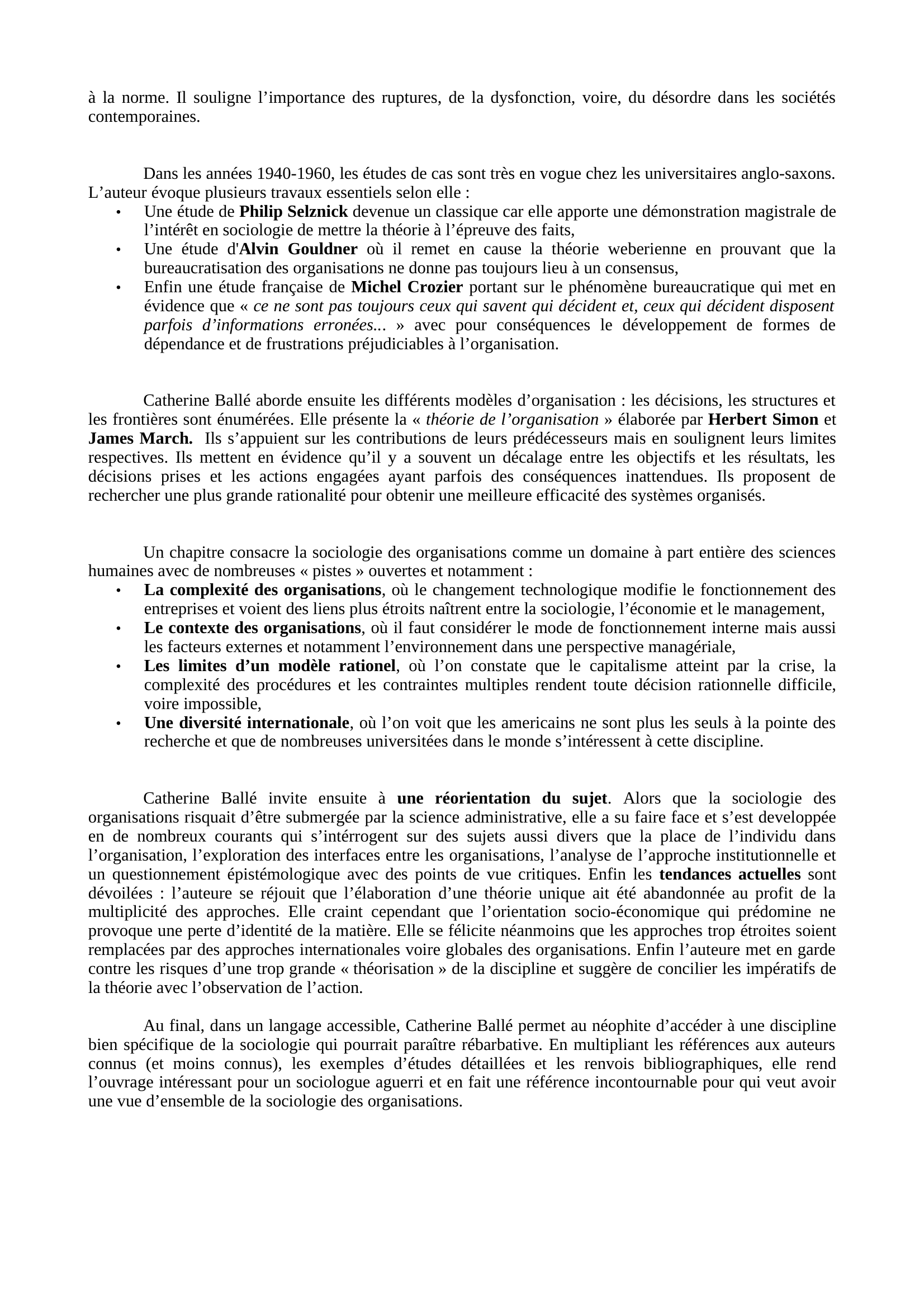 Prévisualisation du document Sociologie des organisations de Catherine Ballé