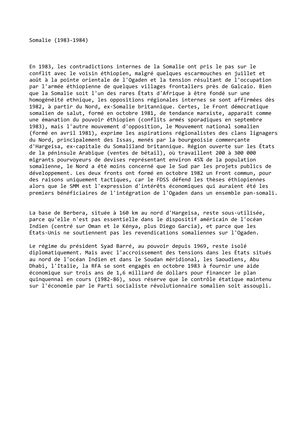 Prévisualisation du document Somalie (1983-1984)

En 1983, les contradictions internes de la Somalie ont pris le pas sur le
conflit avec le voisin...
