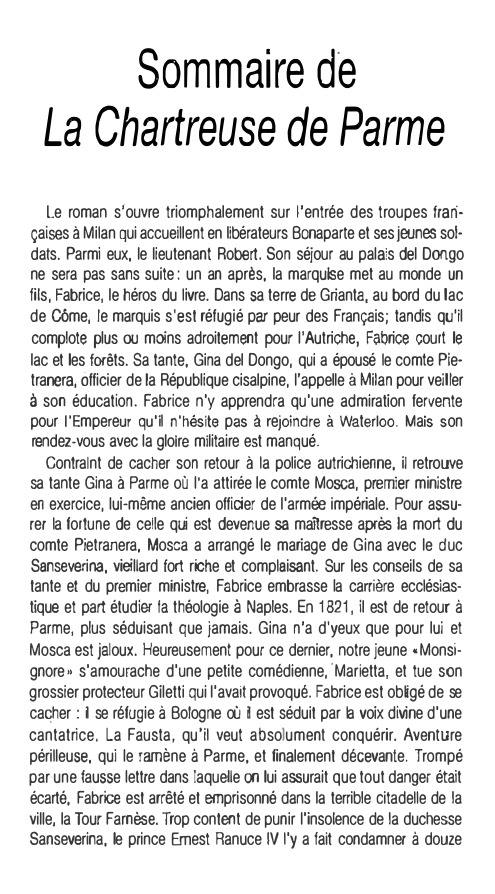 Prévisualisation du document Sommaire de La Chartreuse de Parme