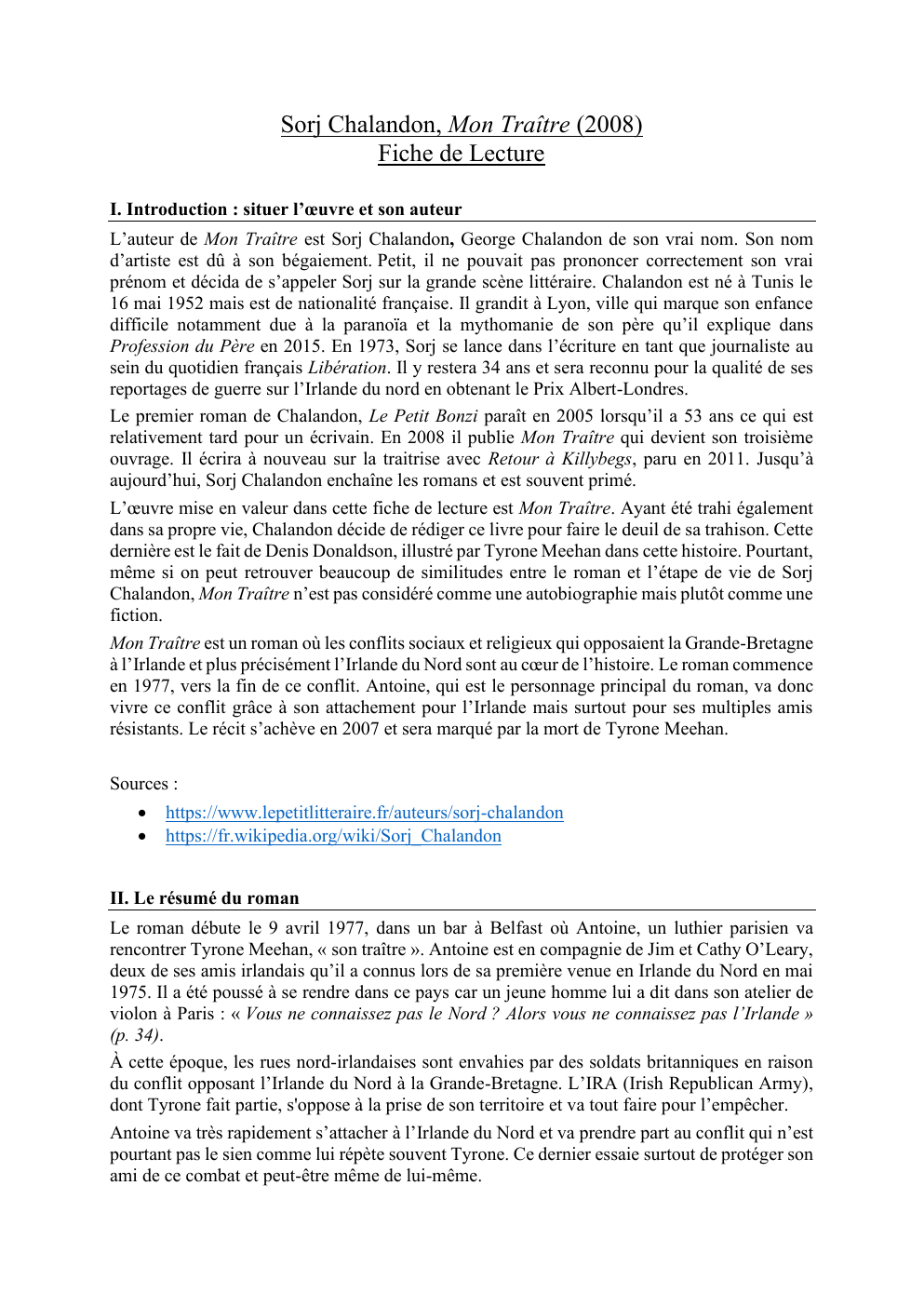 Prévisualisation du document Sorj Chalandon, Mon Traître (2008) Fiche de Lecture