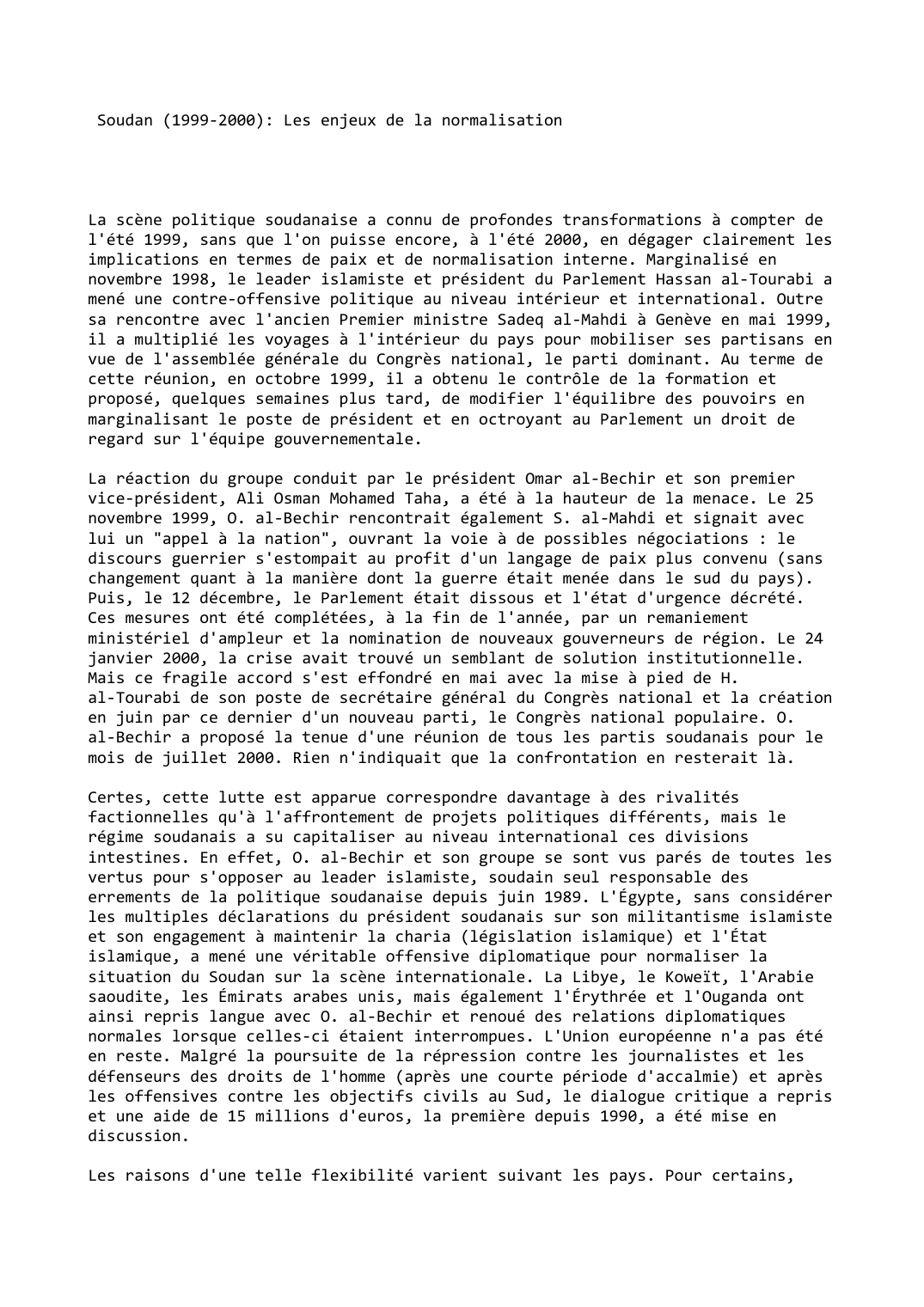 Prévisualisation du document Soudan (1999-2000): Les enjeux de la normalisation