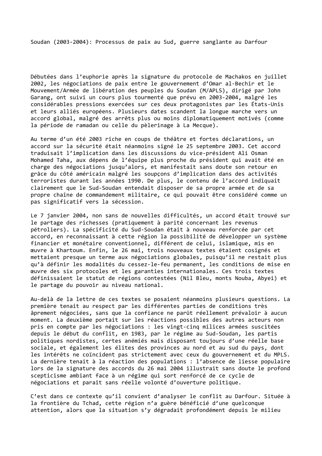 Prévisualisation du document Soudan (2003-2004): Processus de paix au Sud, guerre sanglante au Darfour