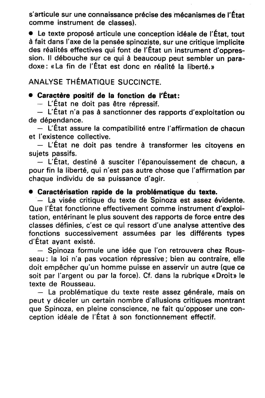 Prévisualisation du document SPINOZA: La fin dernière de l'État n'est pas la domination; ce n'est pas pour tenir l'homme par la crainte et faire qu'il appartienne à un autre que l'État est institué...