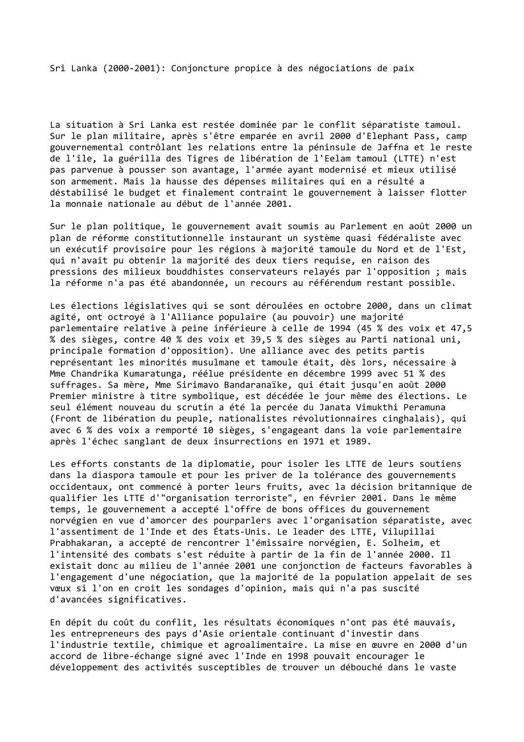 Prévisualisation du document Sri Lanka (2000-2001): Conjoncture propice à des négociations de paix