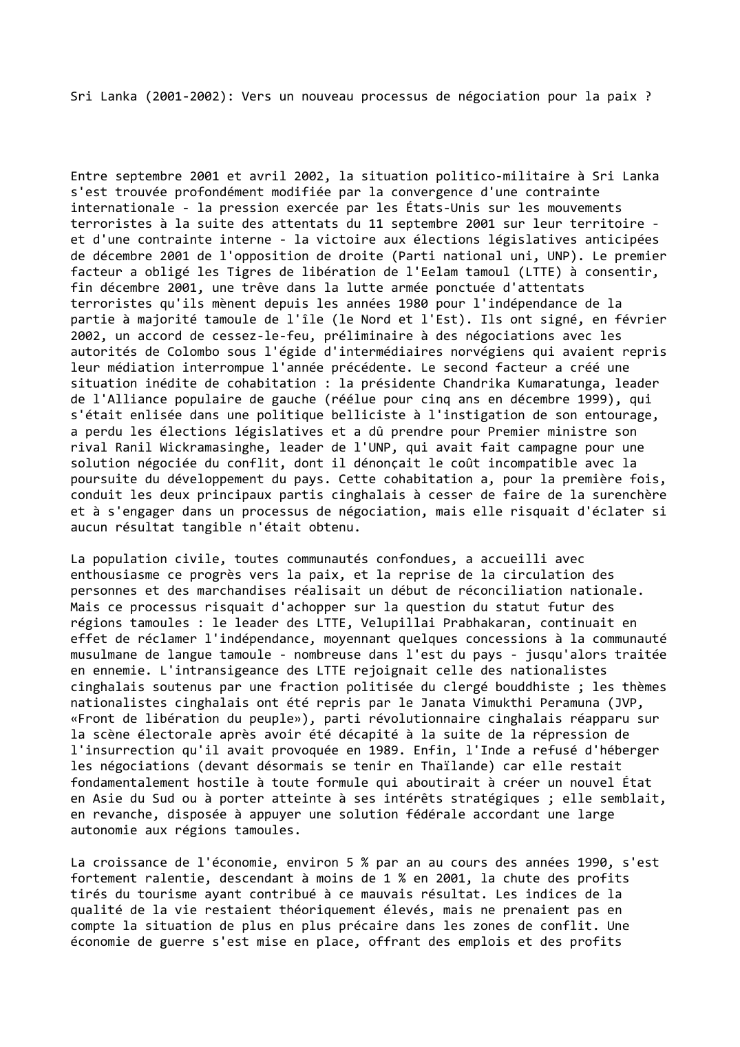 Prévisualisation du document Sri Lanka (2001-2002): Vers un nouveau processus de négociation pour la paix ?
