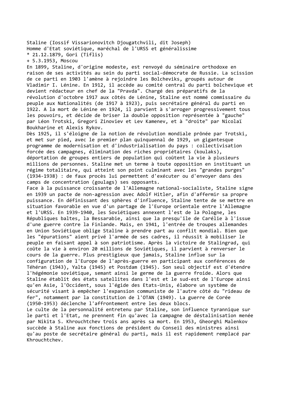 Prévisualisation du document Staline (lossif Vissarionovitch Djougatchvili, dit Joseph)
