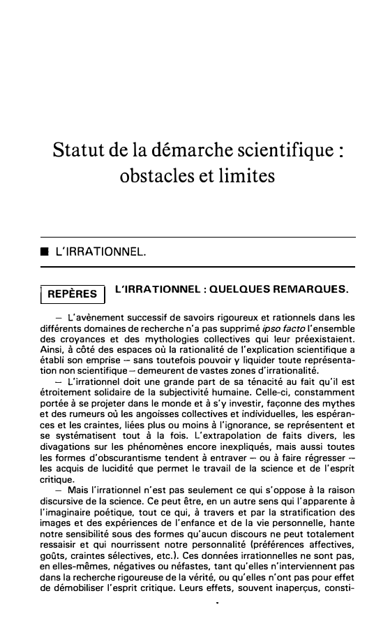 Prévisualisation du document Statut de la démarche scientifique : obstacles et limites
