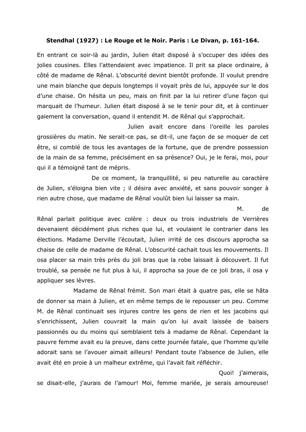 Prévisualisation du document Stendhal (1927) : Le Rouge et le Noir. Paris : Le Divan, p. 161-164.