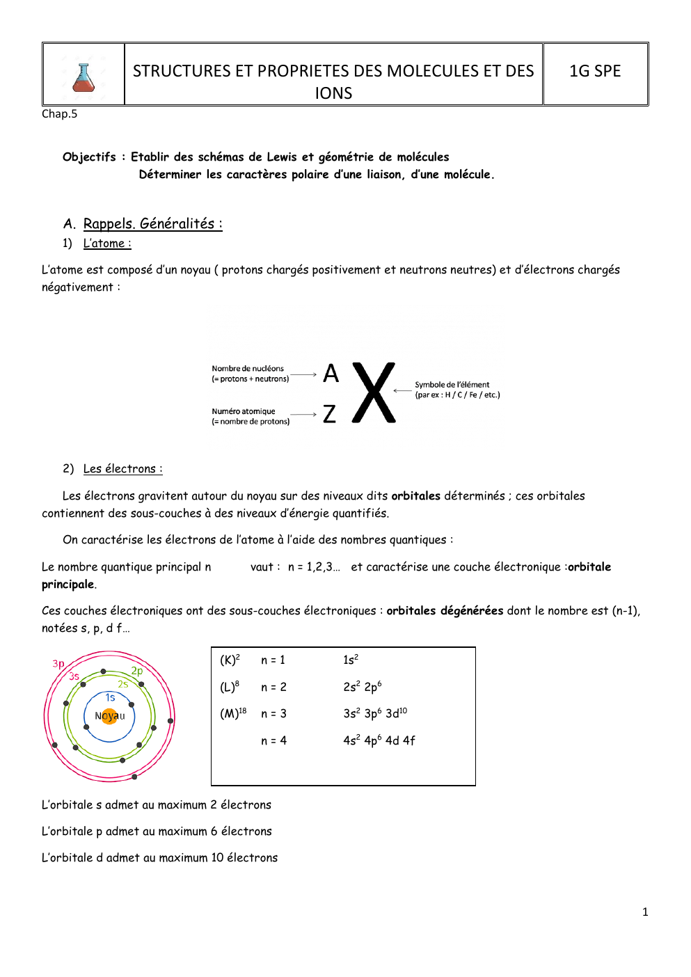 Prévisualisation du document STRUCTURES ET PROPRIETES DES MOLECULES ET DES IONS  1G SPE  Chap.5 Objectifs : Etablir des schémas de Lewis et géométrie de molécules Déterminer les caractères polaire d’une liaison, d’une molécule.