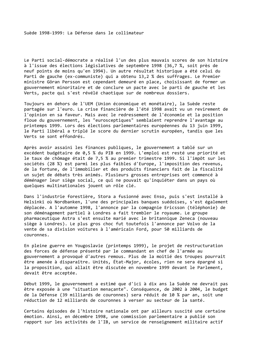 Prévisualisation du document Suède 1998-1999: La Défense dans le collimateur
