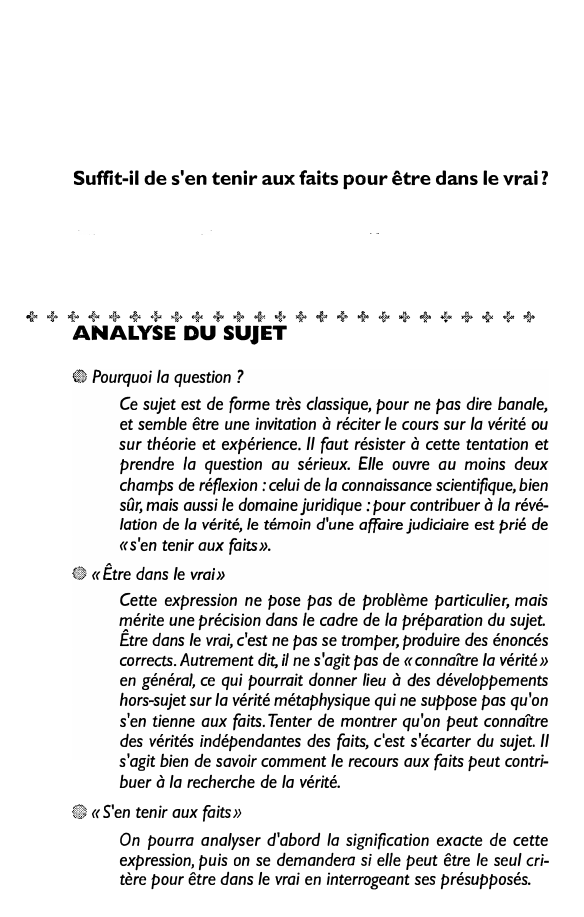 Prévisualisation du document Suffit-il de s'en tenir aux faits pour être dans le vrai?

+++++++++++++++++++++++++
ANALYSE DU SUJET
® Pourquoi la question ?...