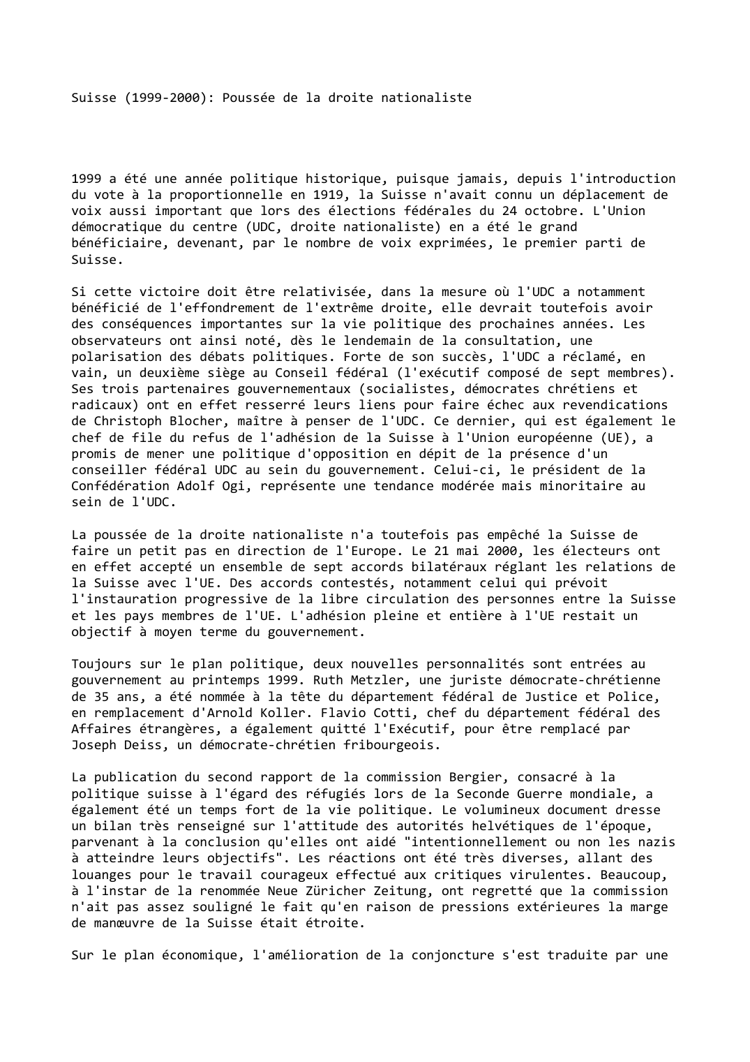 Prévisualisation du document Suisse (1999-2000): Poussée de la droite nationaliste
