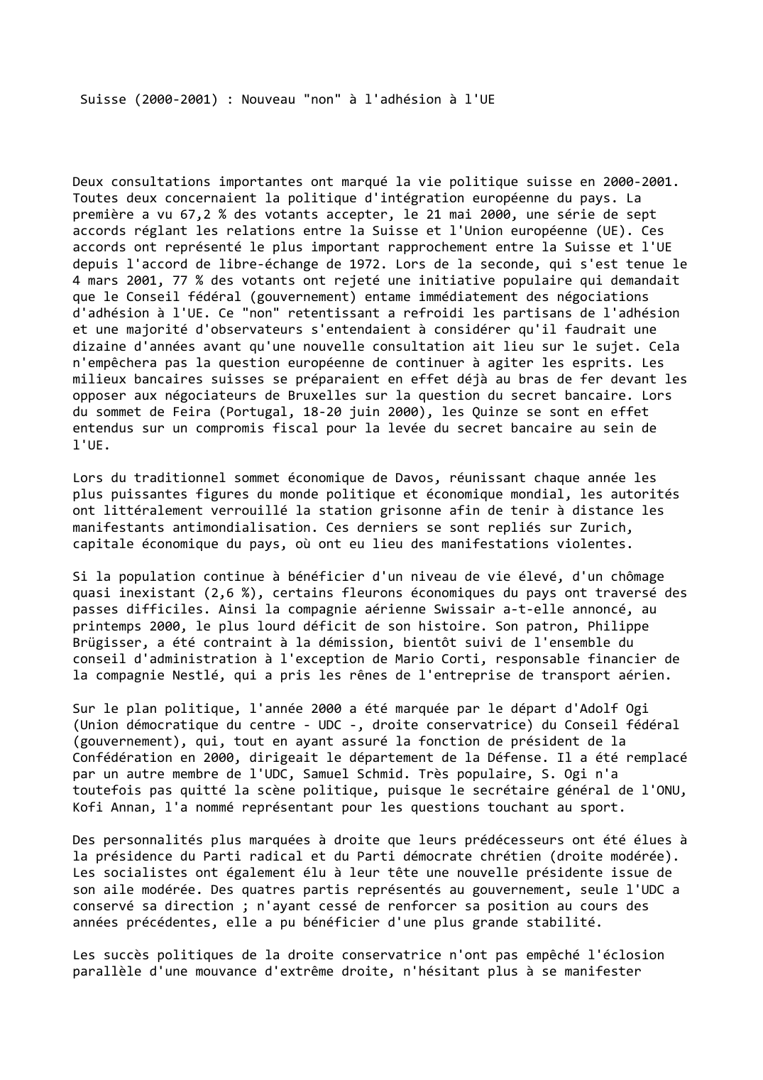 Prévisualisation du document Suisse (2000-2001) : Nouveau "non" à l'adhésion à l'UE