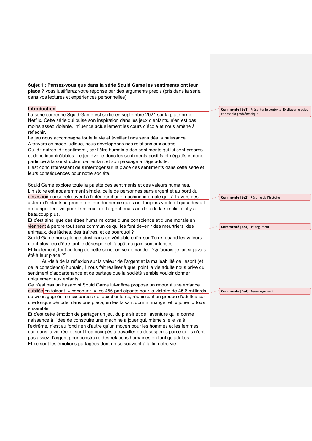 Prévisualisation du document Sujet 1 : Pensez-vous que dans la série Squid Game les sentiments ont leur place ? vous justifierez votre réponse par des arguments précis (pris dans la série, dans vos lectures et expériences personnelles)