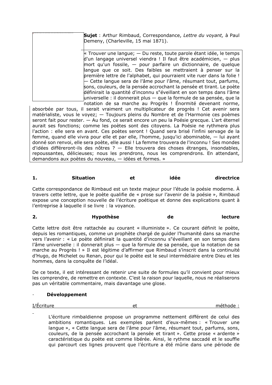 Prévisualisation du document Sujet : Arthur Rimbaud, Correspondance, Lettre du voyant, à Paul Demeny, (Charleville, 15 mai 1871). Commentaire