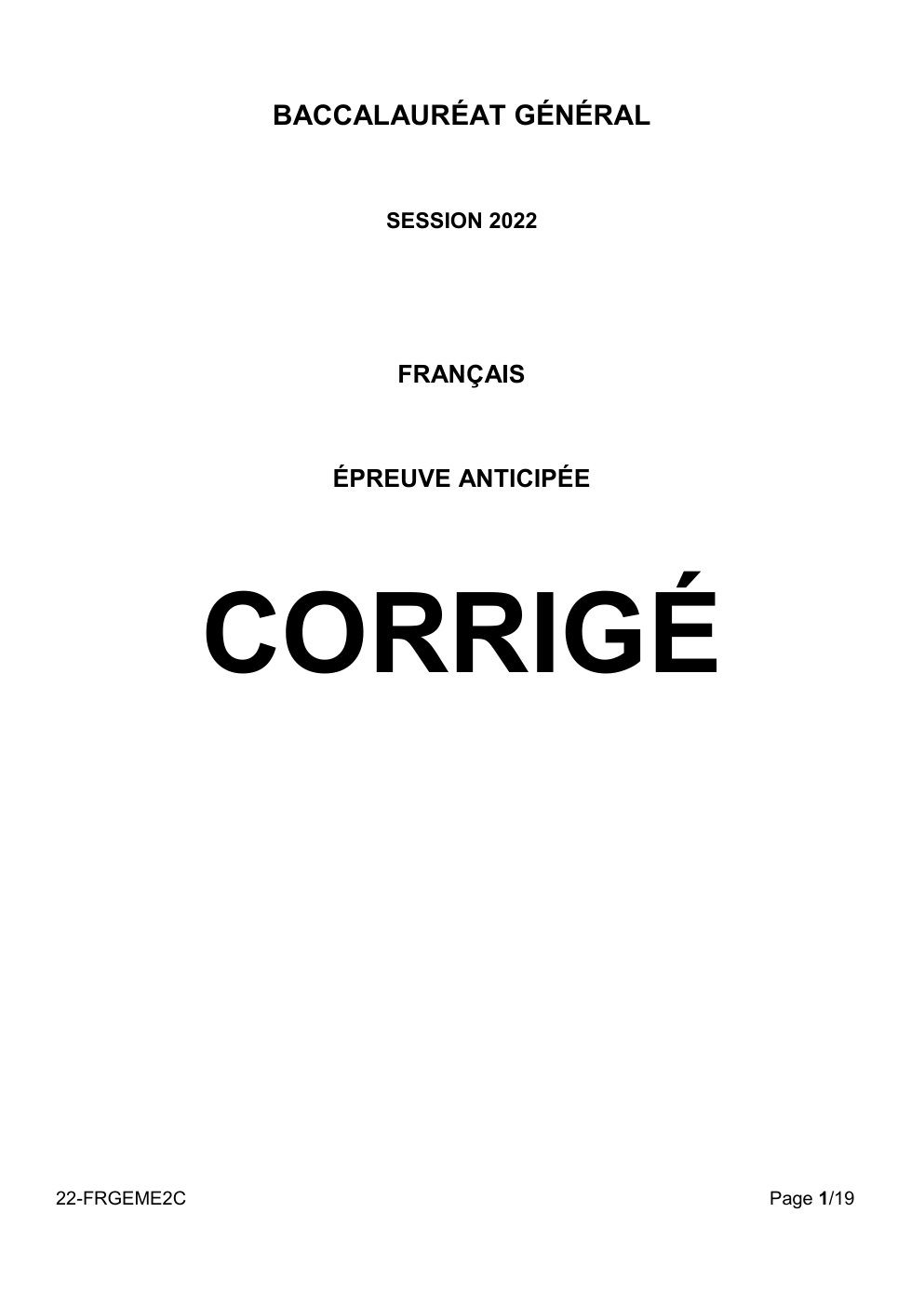 Prévisualisation du document Sujet bac 2022 avec corrigé SESSION 2022  FRANÇAIS