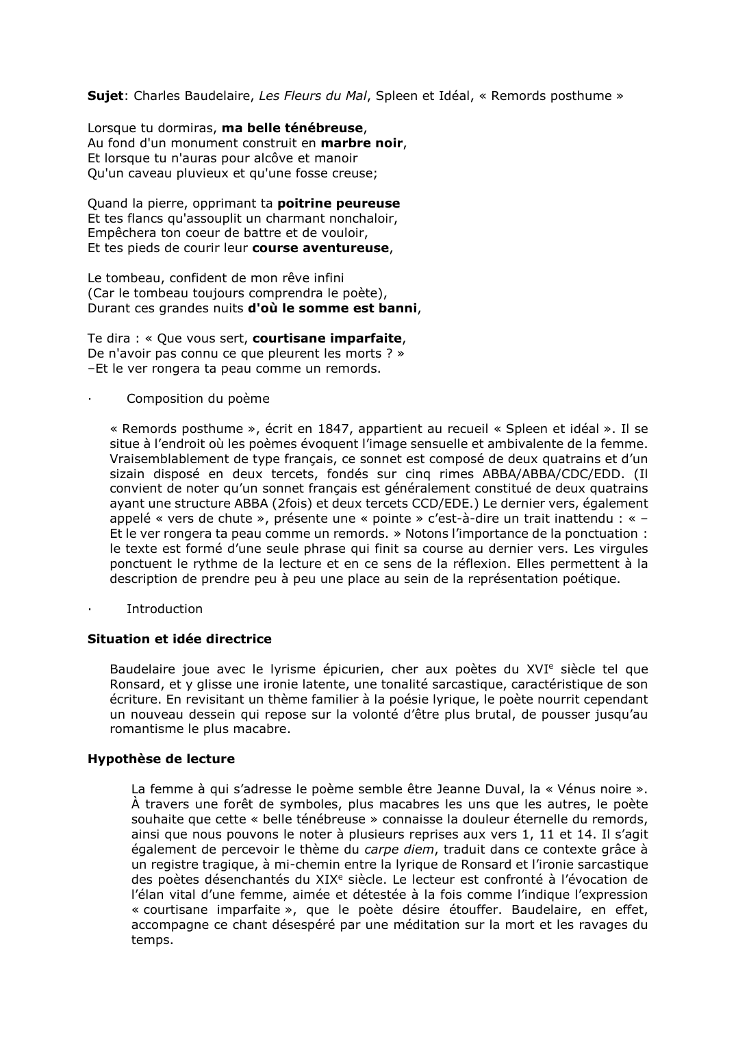 Prévisualisation du document Sujet: Charles Baudelaire, Les Fleurs du Mal, Spleen et Idéal, « Remords posthume ». Commentaire