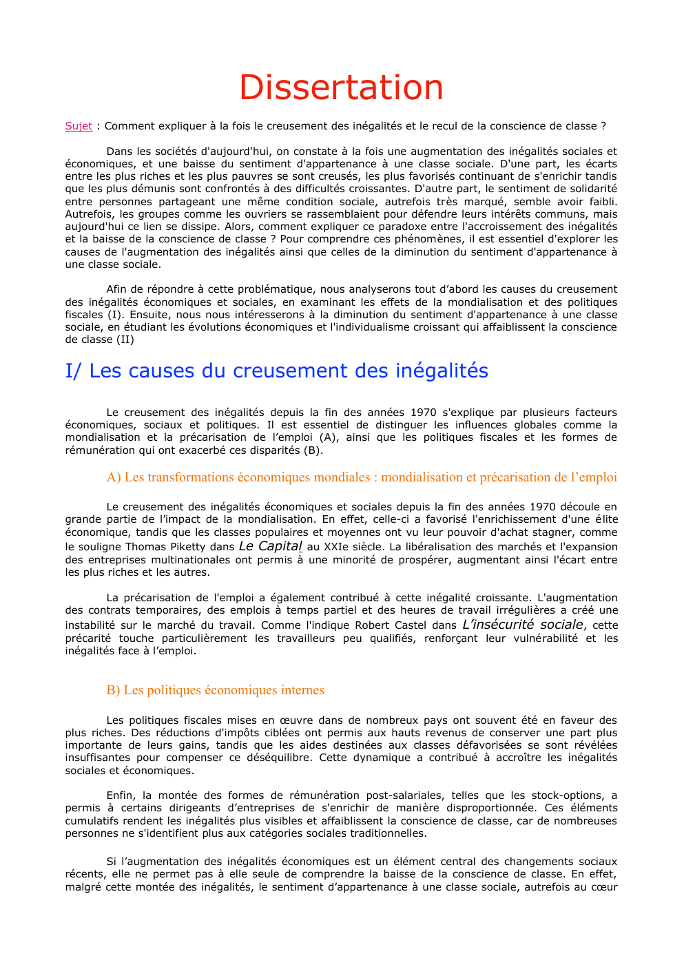 Prévisualisation du document Sujet : Comment expliquer à la fois le creusement des inégalités et le recul de la conscience de classe ?