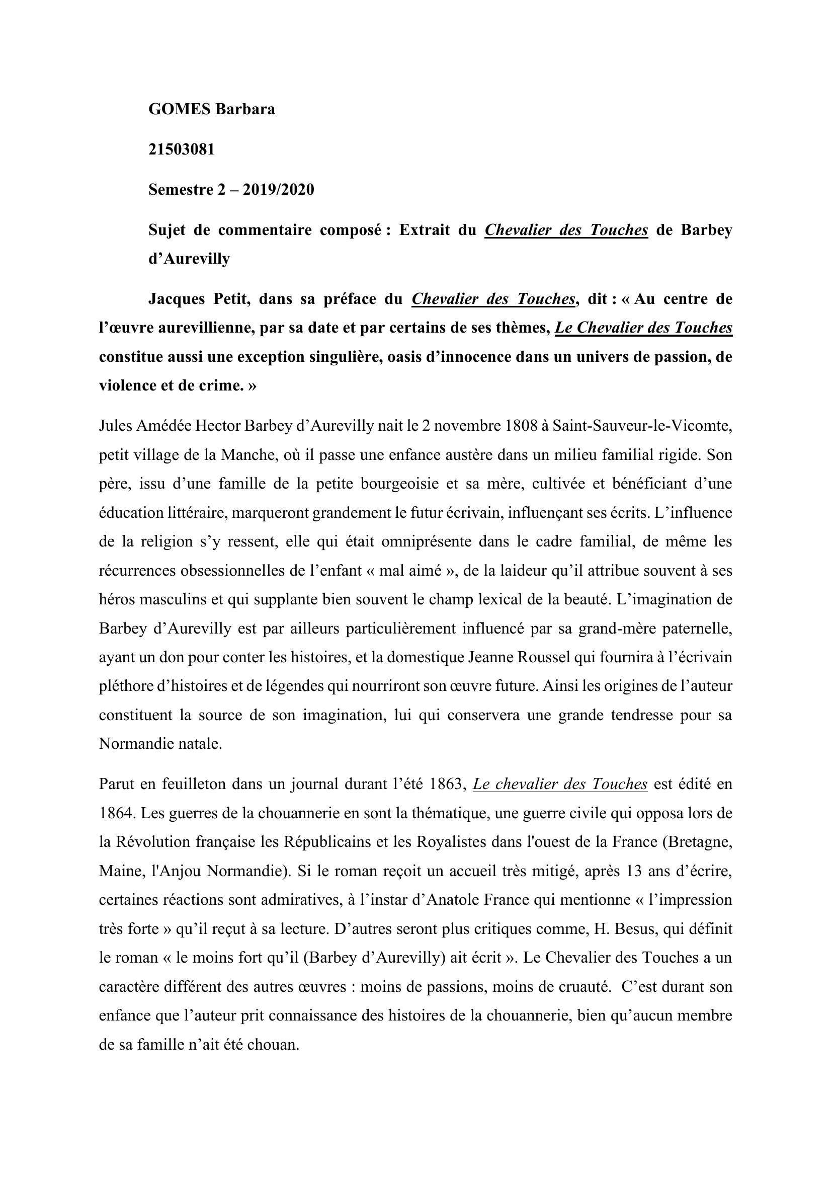 Prévisualisation du document Sujet de commentaire composé : Extrait du Chevalier des Touches de Barbey d’Aurevilly