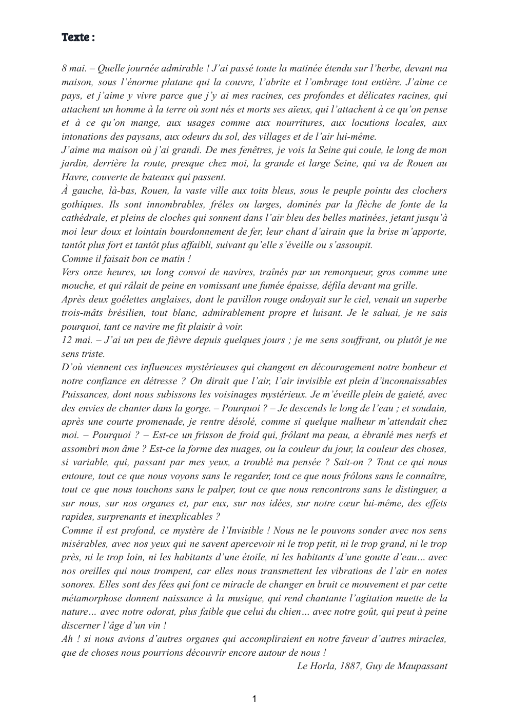 Prévisualisation du document Sujet de commentaire composé - incipit Le Horla