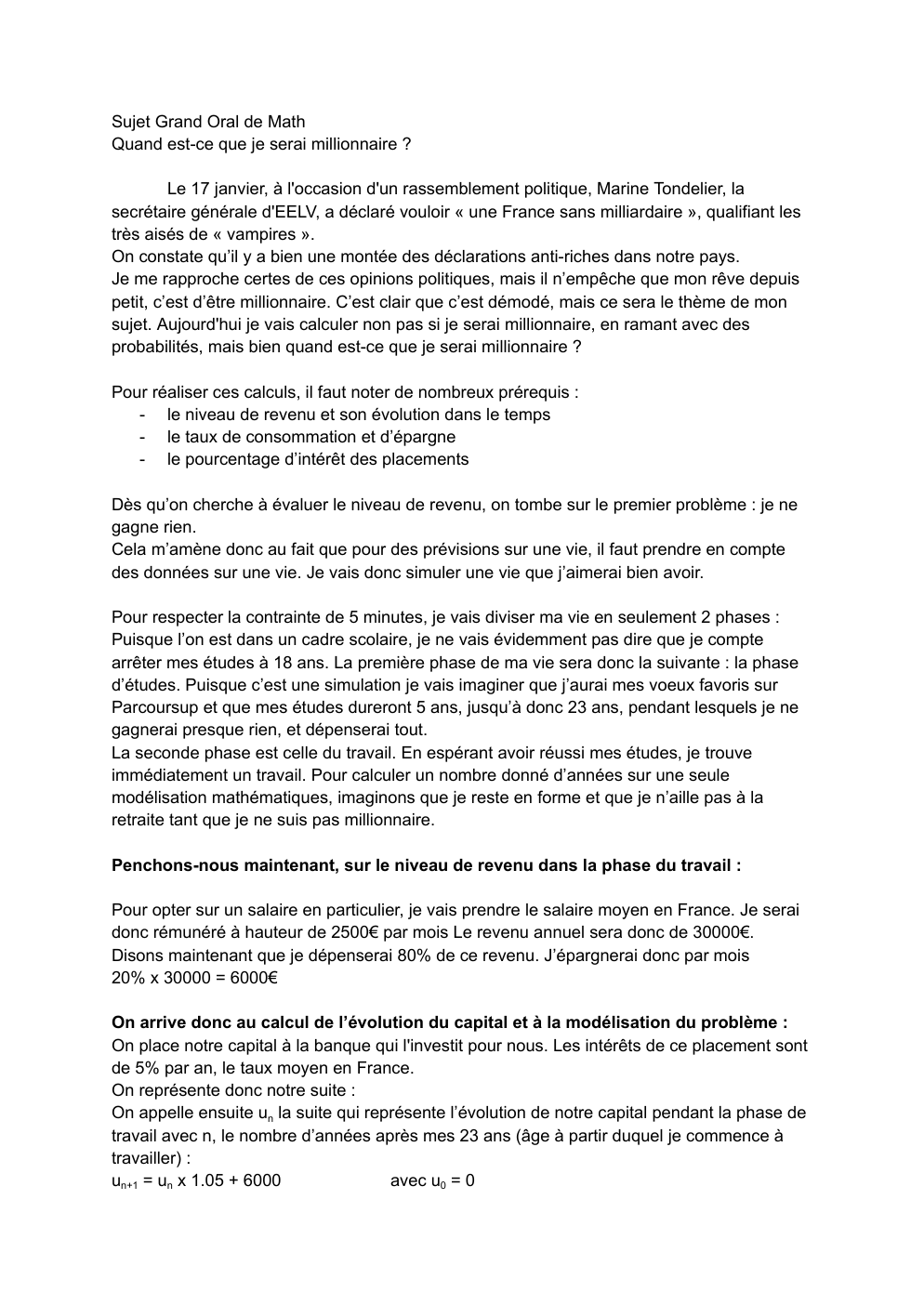 Prévisualisation du document Sujet de mathématiques de grand oral : "Quand est-ce que je serai millionaire ?"