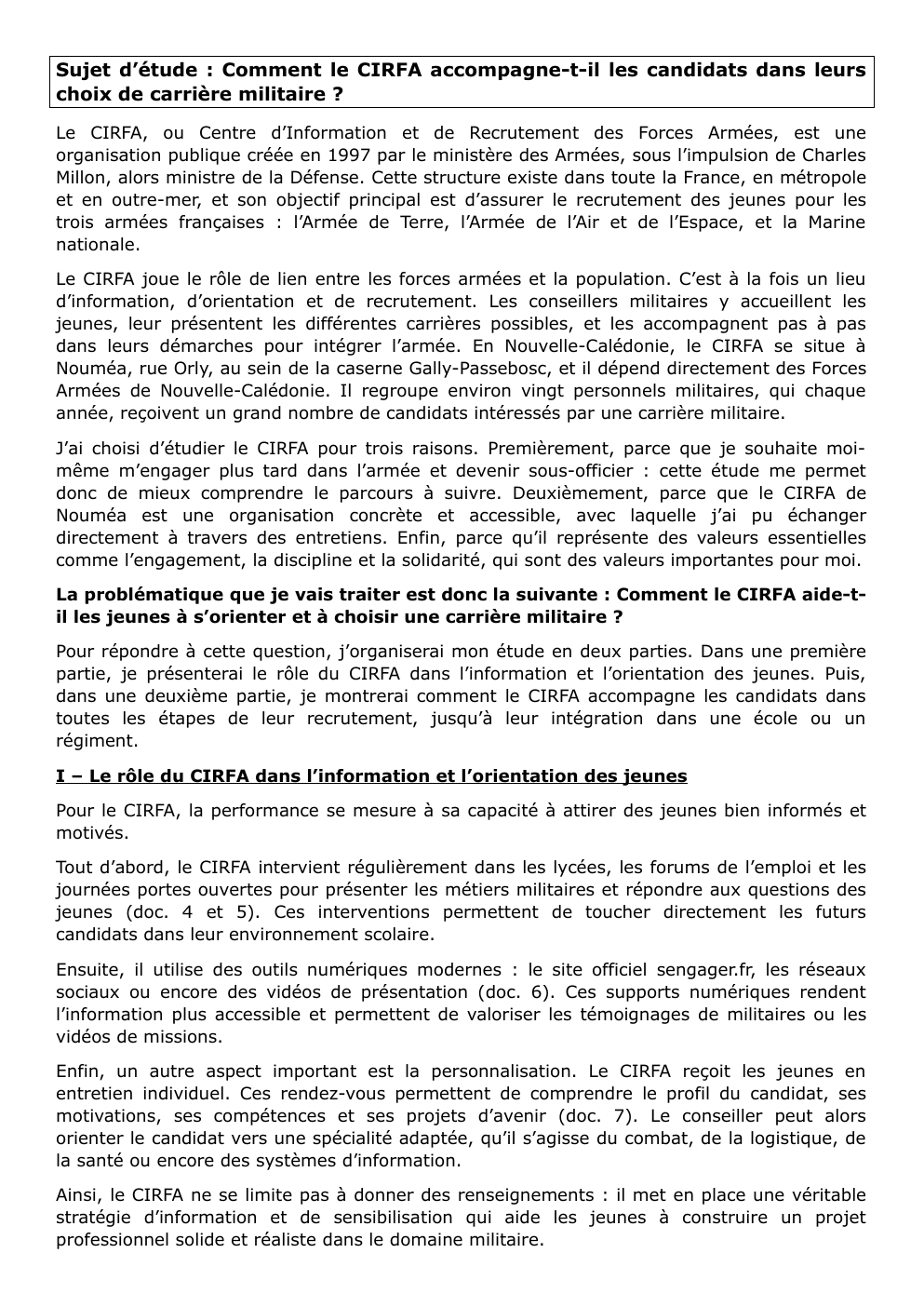 Prévisualisation du document Sujet d’étude : Comment le CIRFA accompagne-t-il les candidats dans leurs choix de carrière militaire ?