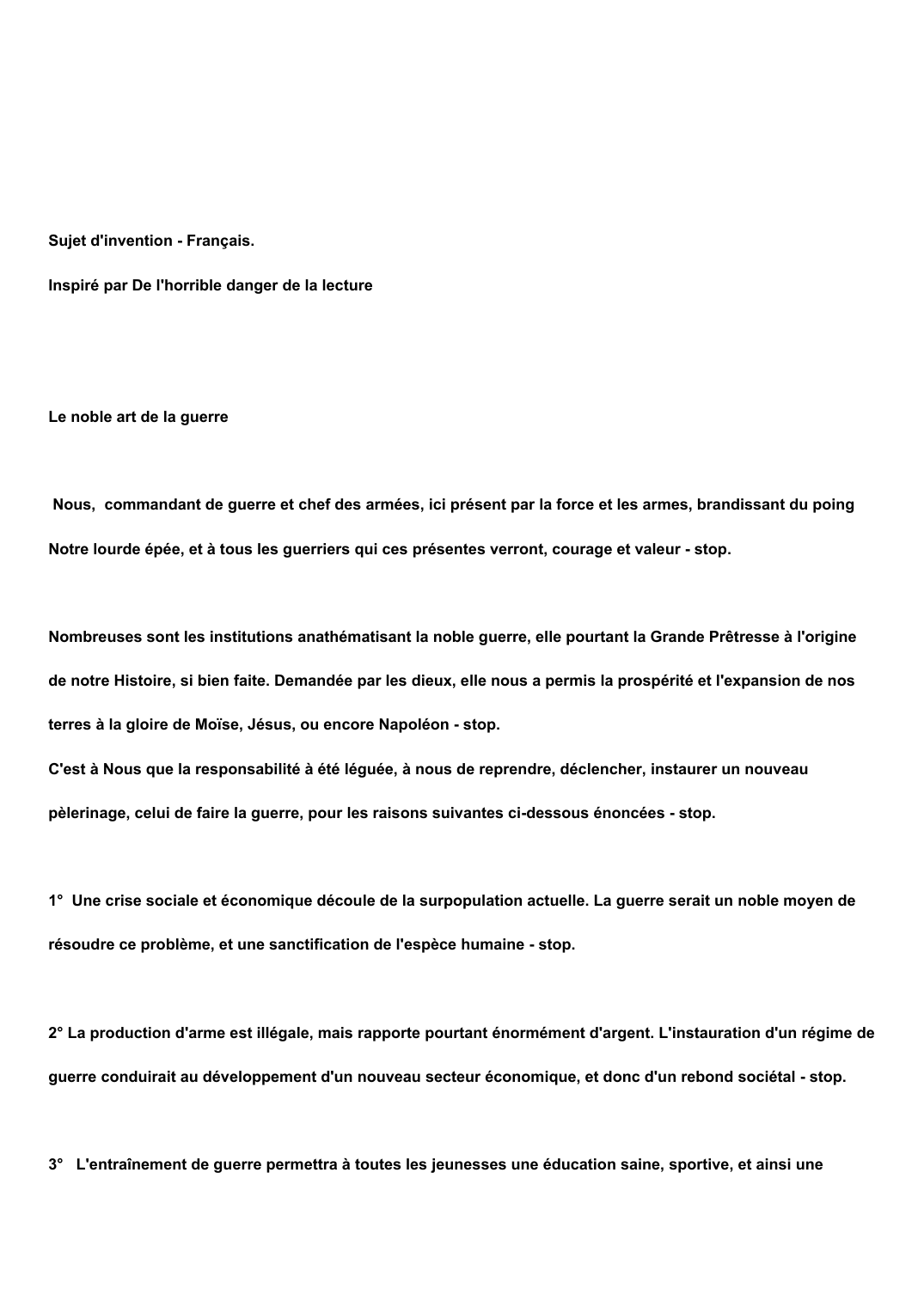 Prévisualisation du document Sujet d'invention - Français. Inspiré par "De l'horrible danger de la lecture"