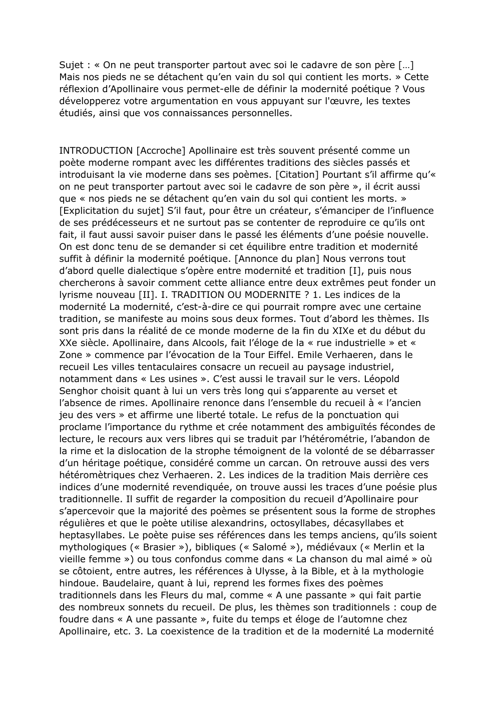 Prévisualisation du document Sujet dissertation Apollinaire: On ne peut transporter partout avec soi le cadavre de son père