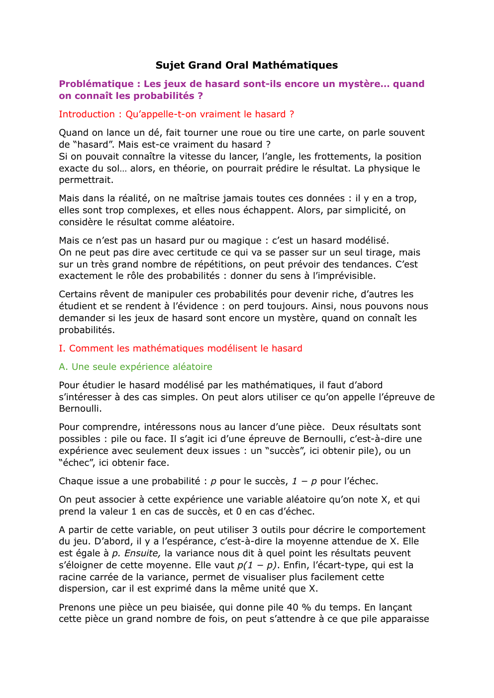 Prévisualisation du document Sujet Grand Oral Mathématiques Problématique : Les jeux de hasard sont-ils encore un mystère… quand on connaît les probabilités ?