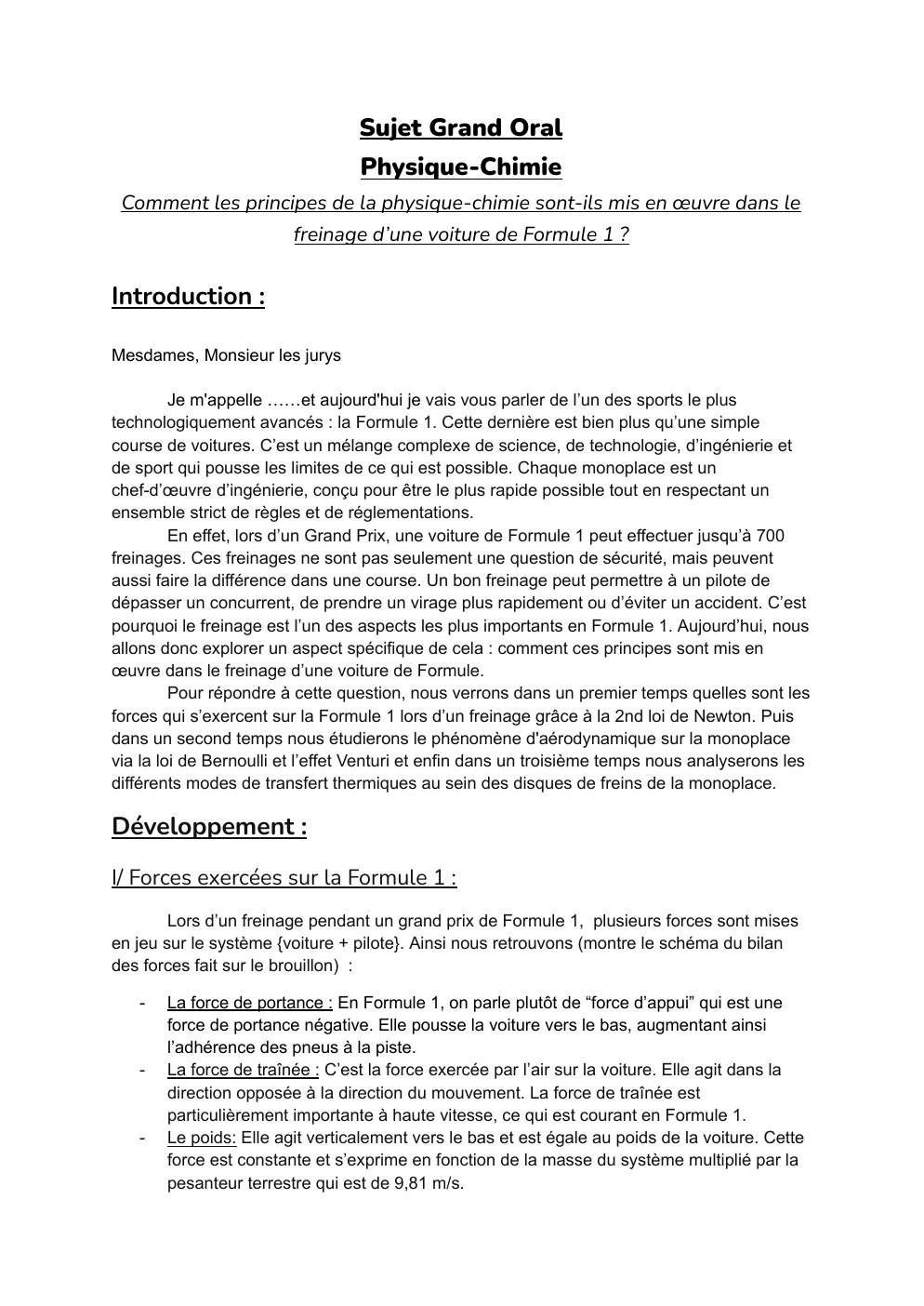 Prévisualisation du document Sujet Grand Oral Physique-Chimie Comment les principes de la physique-chimie sont-ils mis en œuvre dans le freinage d’une voiture de Formule 1 ?