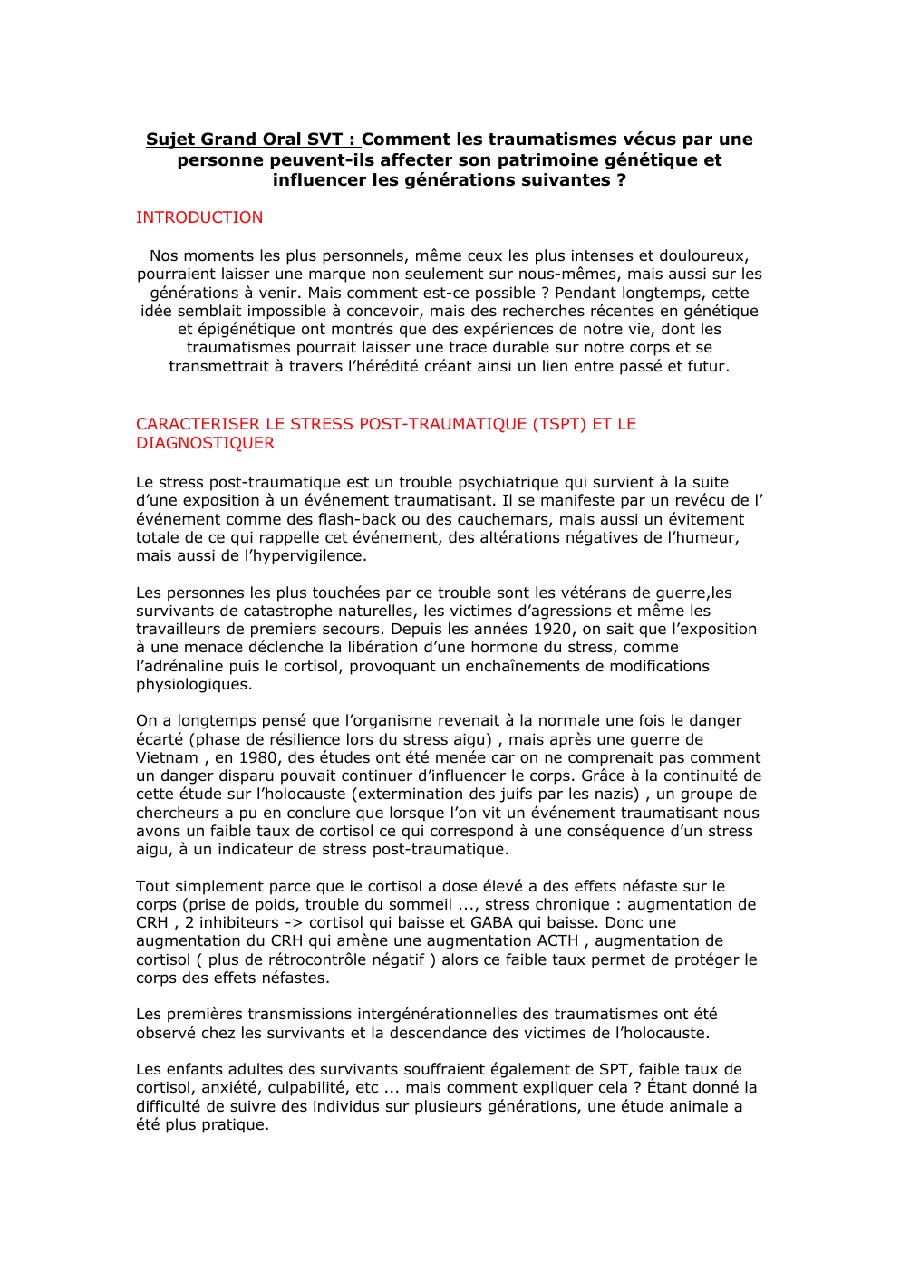 Prévisualisation du document Sujet Grand Oral SVT : Comment les traumatismes vécus par une personne peuvent-ils affecter son patrimoine génétique et influencer les générations suivantes ?