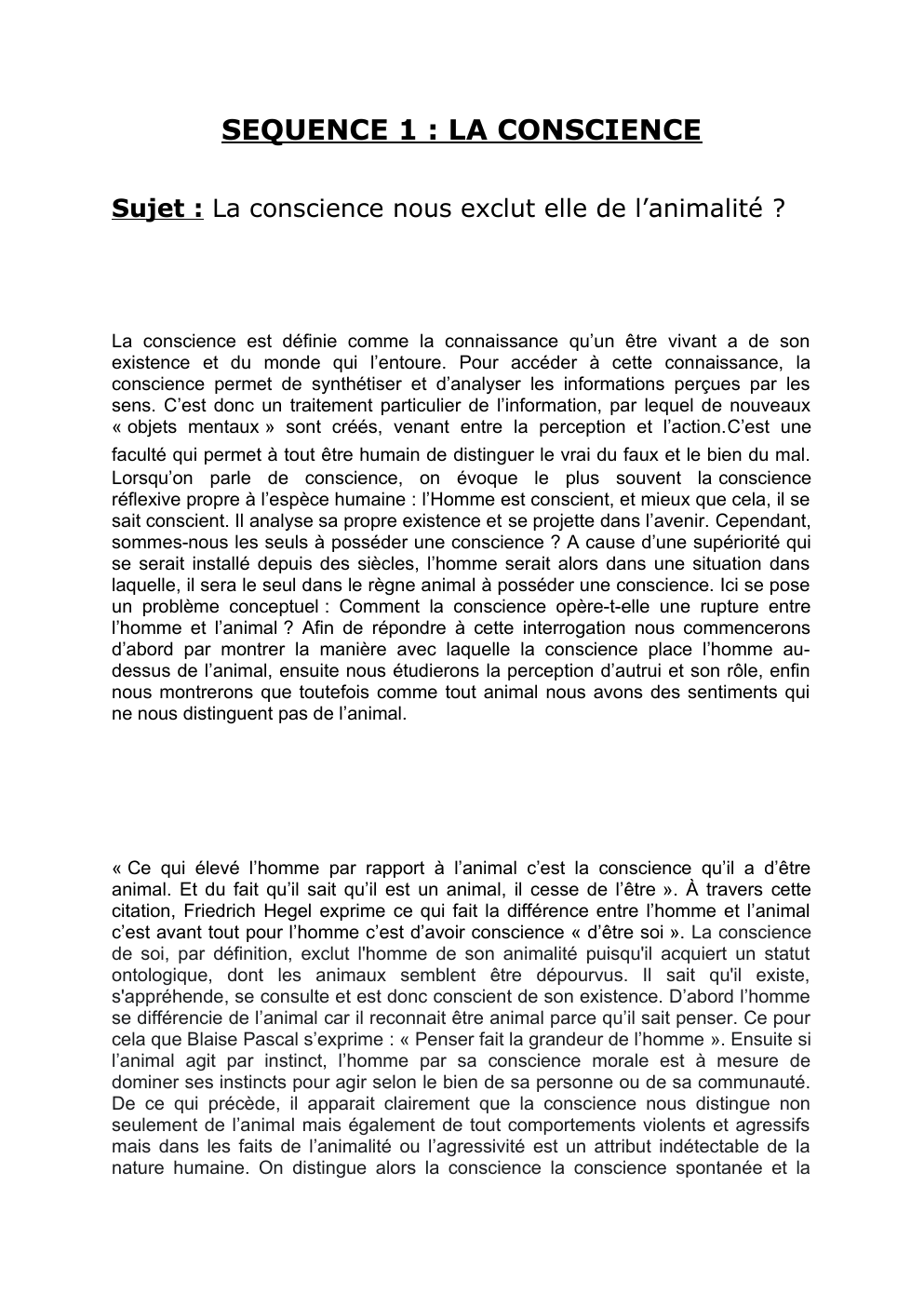 Prévisualisation du document Sujet : La conscience nous exclut elle de l’animalité ?