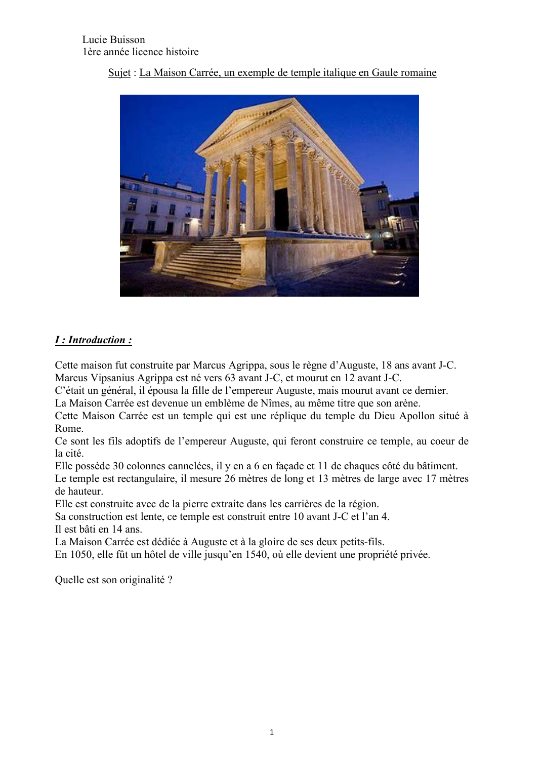 Prévisualisation du document Sujet : La Maison Carrée, un exemple de temple italique en Gaule romaine