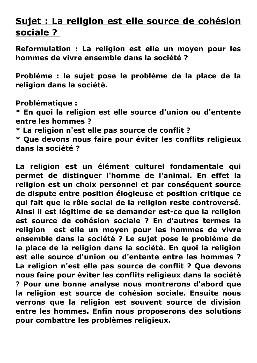 Prévisualisation du document Sujet : La religion est elle source de cohésion sociale ?