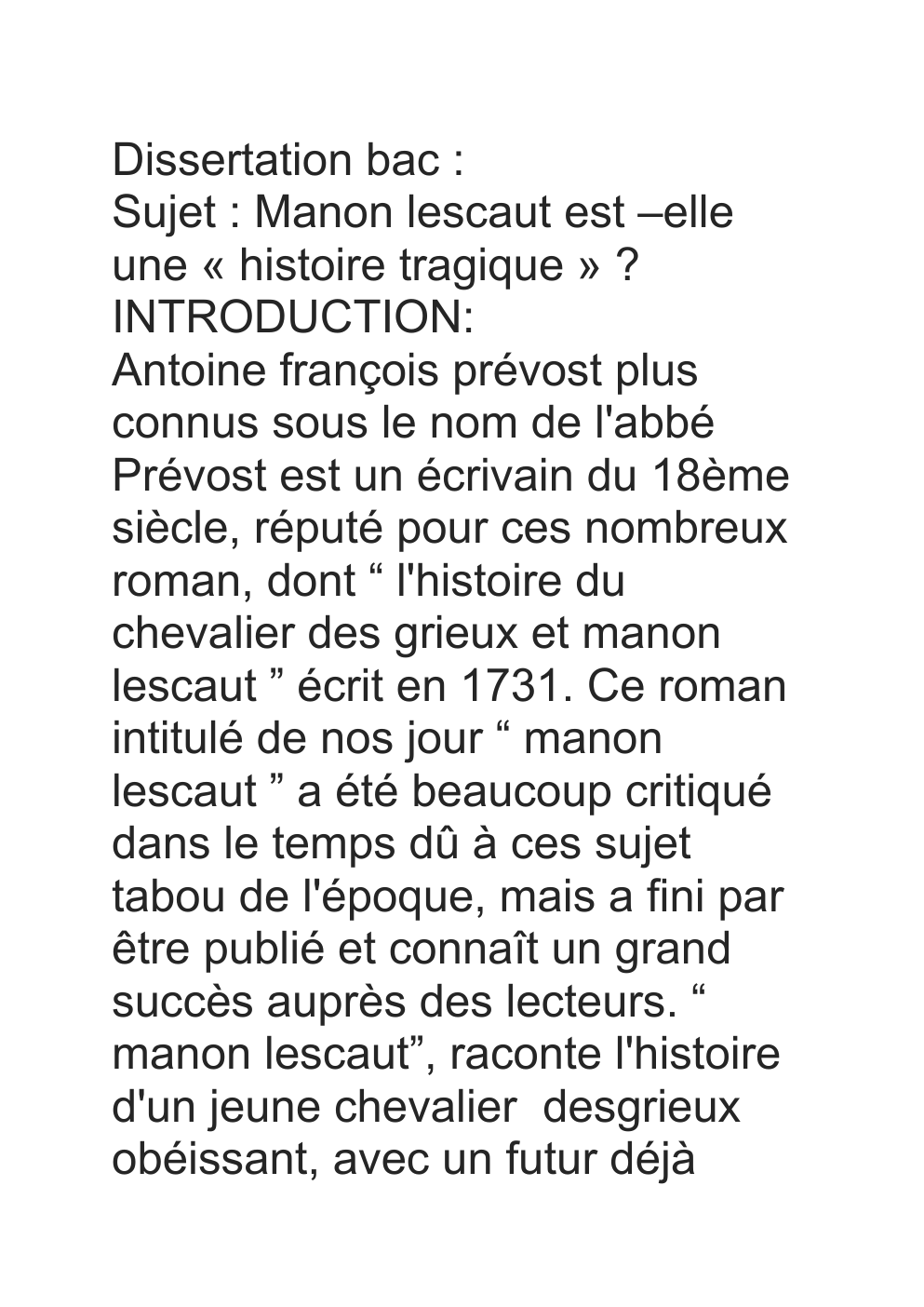 Prévisualisation du document Sujet : Manon Lescaut est –elle une « histoire tragique » ?