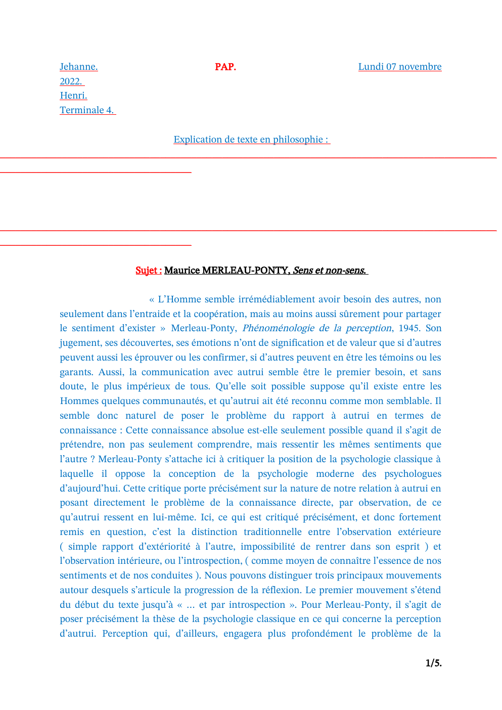 Prévisualisation du document Sujet : Maurice MERLEAU-PONTY, Sens et non-sens