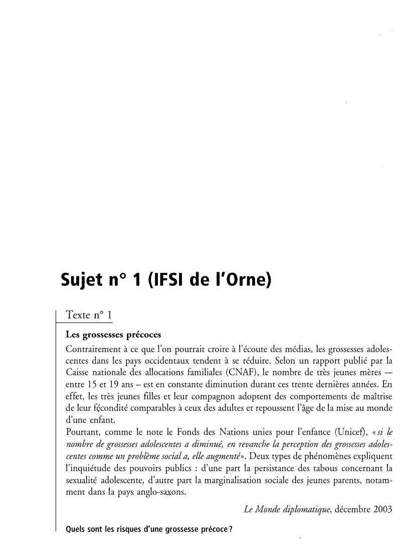 Prévisualisation du document Sujet n ° 1 (IFSI de l'Orne)